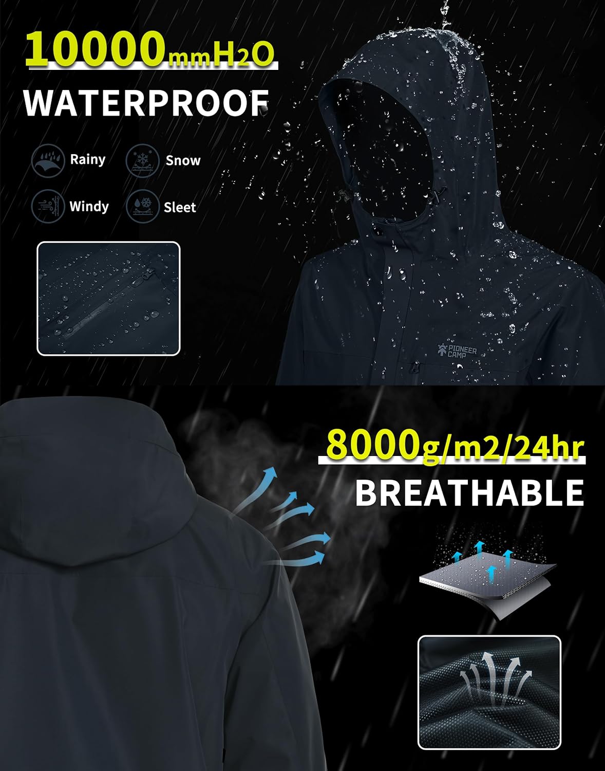 Pioneer Camp Mens Rain Jacket Waterproof Shell Jacket Hooded Lightweight Rain Coat for Outdoor Hiking 4 Pockets Windbreaker - Image 4