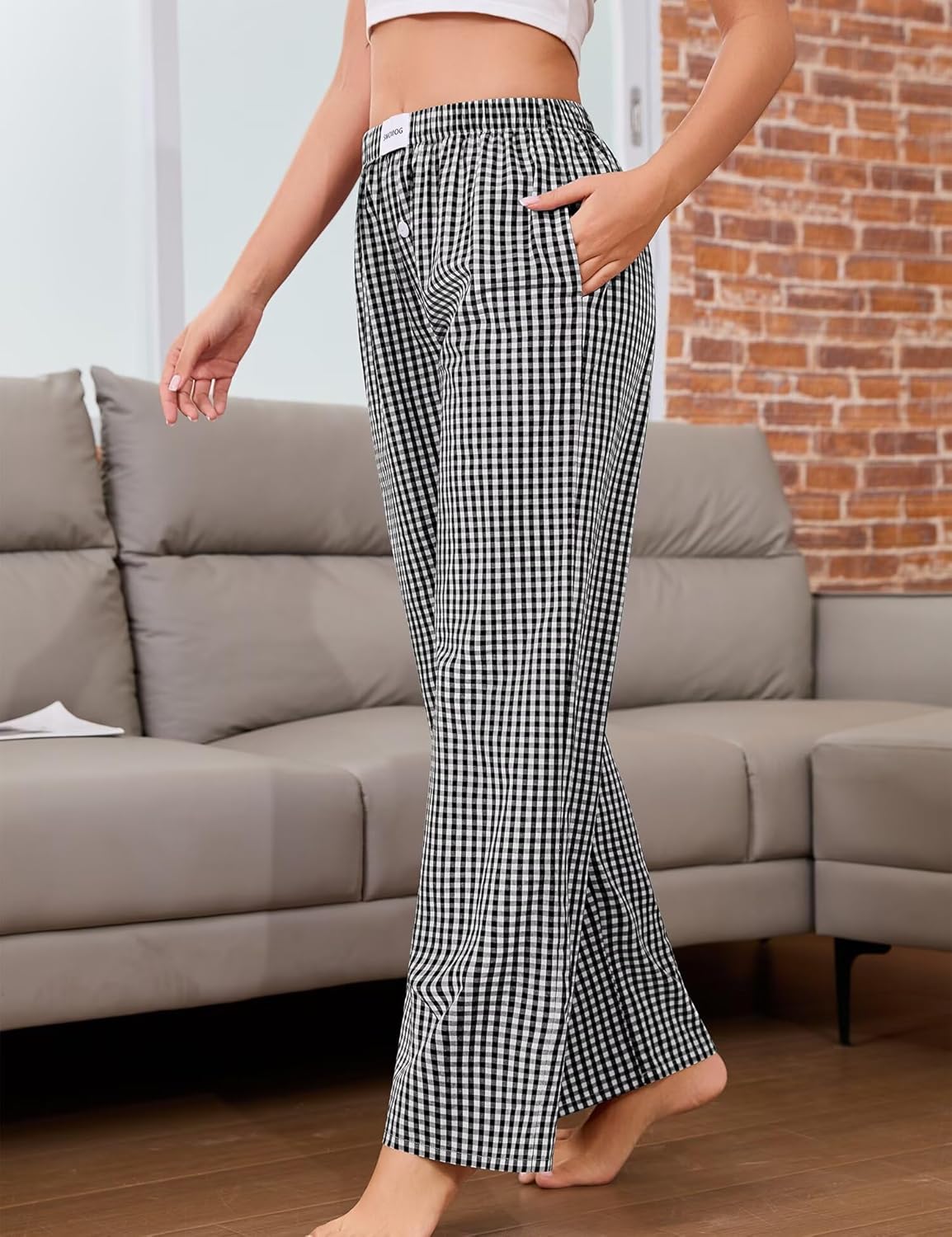 SWOMOG Women 100% Cotton Pajama Pants Striped Plaid Pj Trousers Drawstring Gingham Bottoms Casual Wide Leg Pant with Pocket - Image 4
