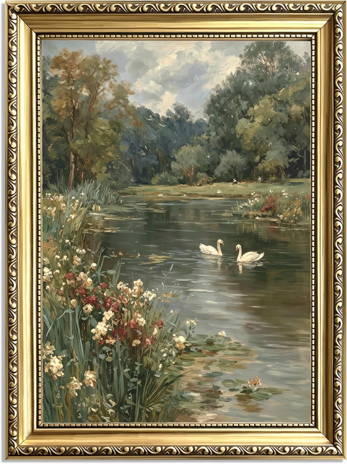 Vintage Gold Framed Nature Landscape Wall Art, Romantic Swan Lake Canvas Wall Decor, Farmhouse Cottagecore Paintings Prints Artwork for Living Room Bedroom Bathroom Office 8x10 Inch