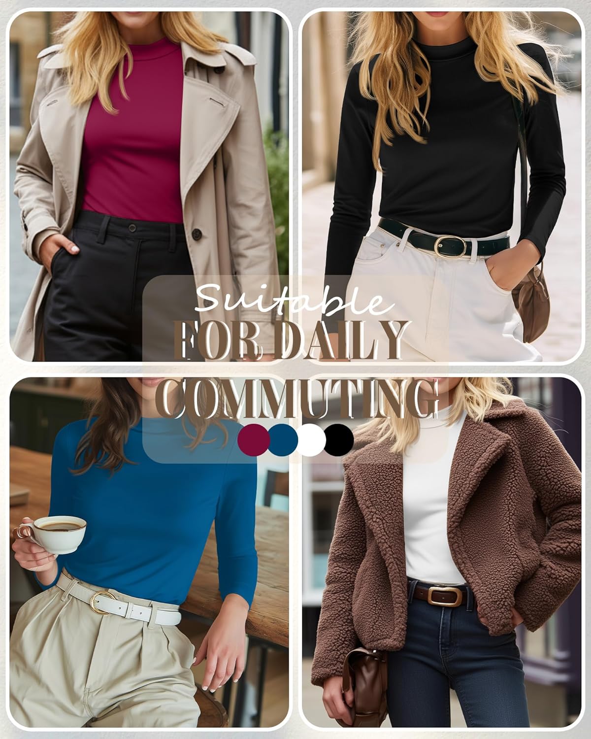 Neer 4 Pack Women's Mock Turtleneck Shirts Long Sleeve Pullover Tops Stretch Cotton Basic Layering Loose Fit Undershirt Tee - Image 4