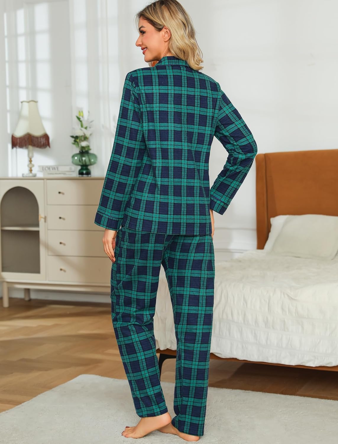 ENJOYNIGHT Womens Cotton Flannel Pajamas Set Long Sleeve Button Down Sleepwear Set - Image 5