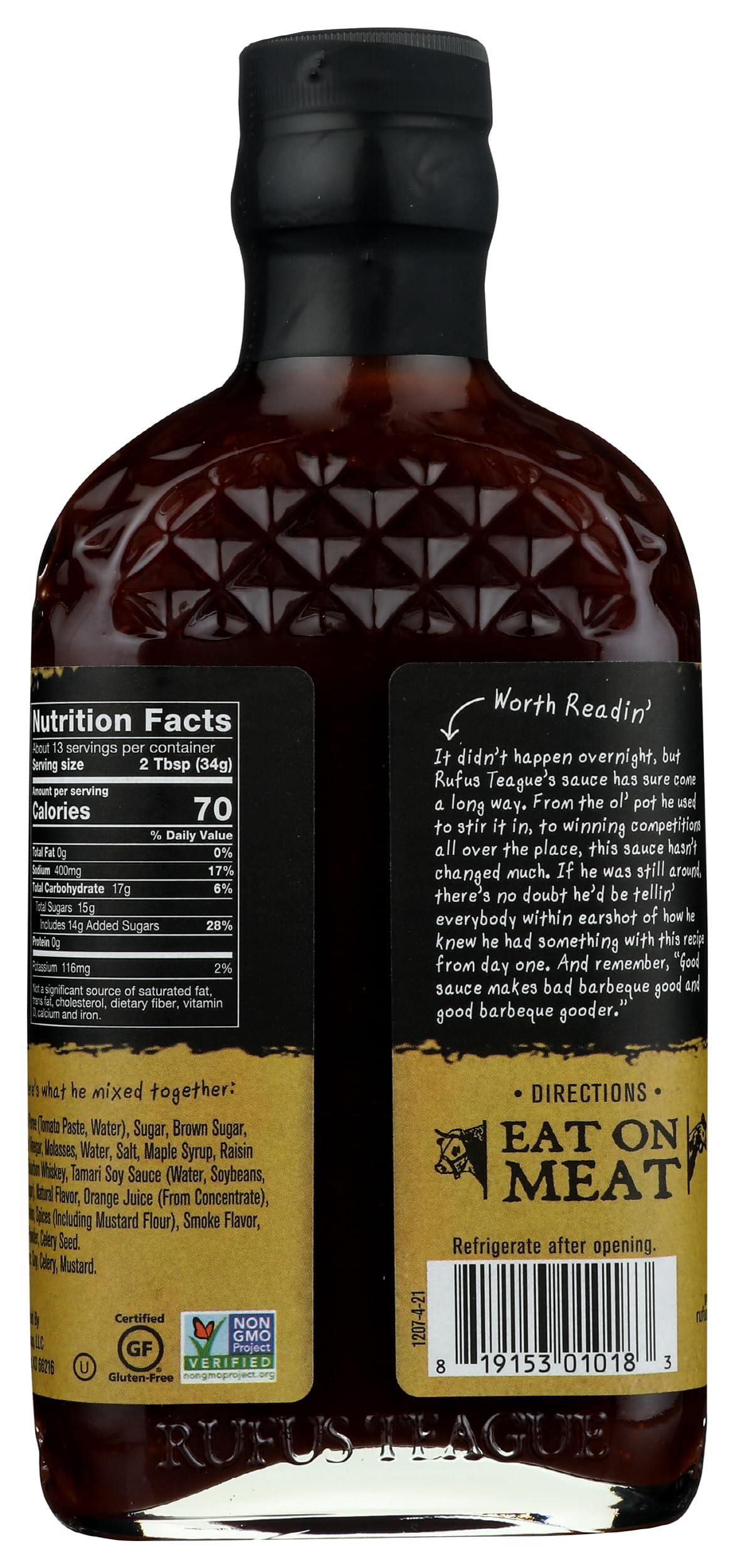 Rufus Teague Whiskey Maple BBQ Sauce (432 g) - Barbecue Sauce mit feinem Ahornsirup und Bourbon-Whiskey - glutenfrei & Non-GMO