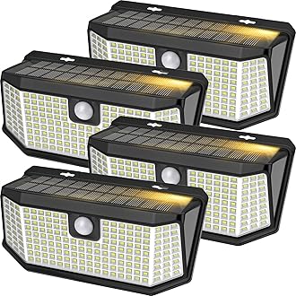 Solar Outdoor Motion Sensor Lights 2500Lm Solar Panel to 15.3 in² and 3 Modes(Security/Permanent On All Night/Smart Brightness Control) with IP65 Waterproof with Wide Angle(4pack)