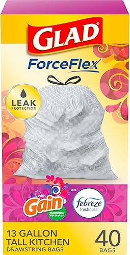 Glad Bolsas de basura altas para cocina con amarre rápido, bolsa de basura blanca OdorShield de 13 galones, color blanco con brisa de luz de luna