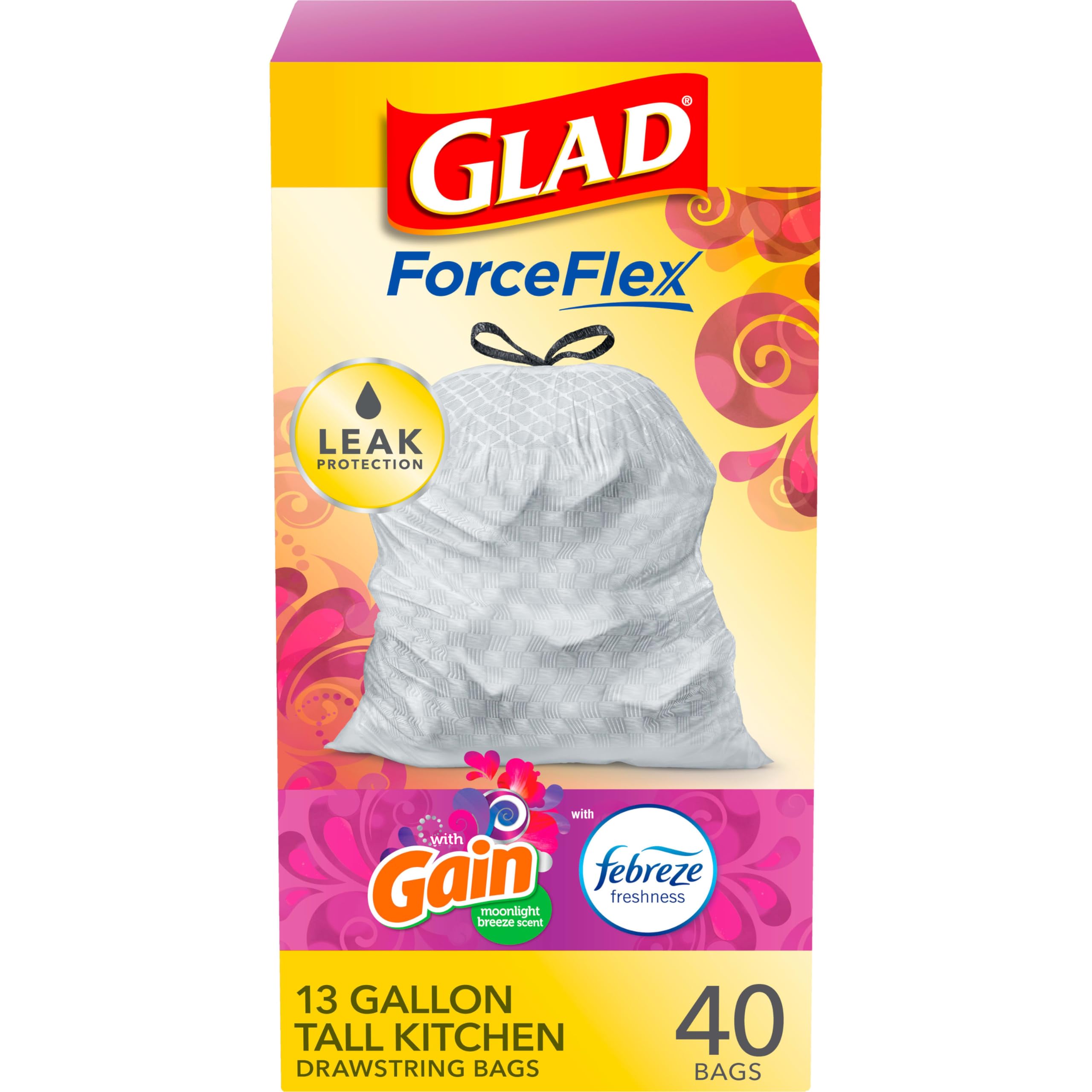 Glad Trash Bags, Tall Kitchen QuickTie Garbage Bags, OdorShield 13 Gallon White
