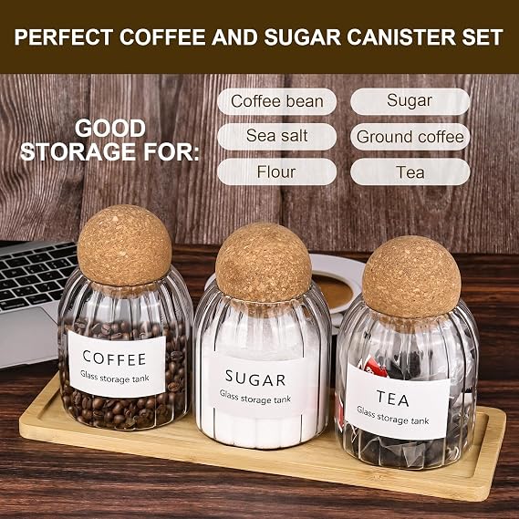 Tea Coffee Sugar Canisters Set of 3 Cork Ball Glass Jar, 450mL Storage Canister Set with Tray, Storage Containers with Lids for Home Kitchen Decor Organiser