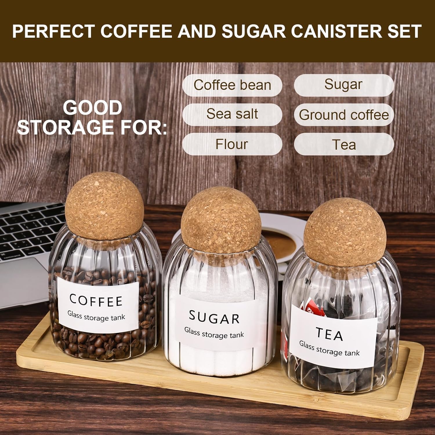 CTDMJ Tea Coffee and Sugar Canisters 3 Pack with Twooden tray - Image 4