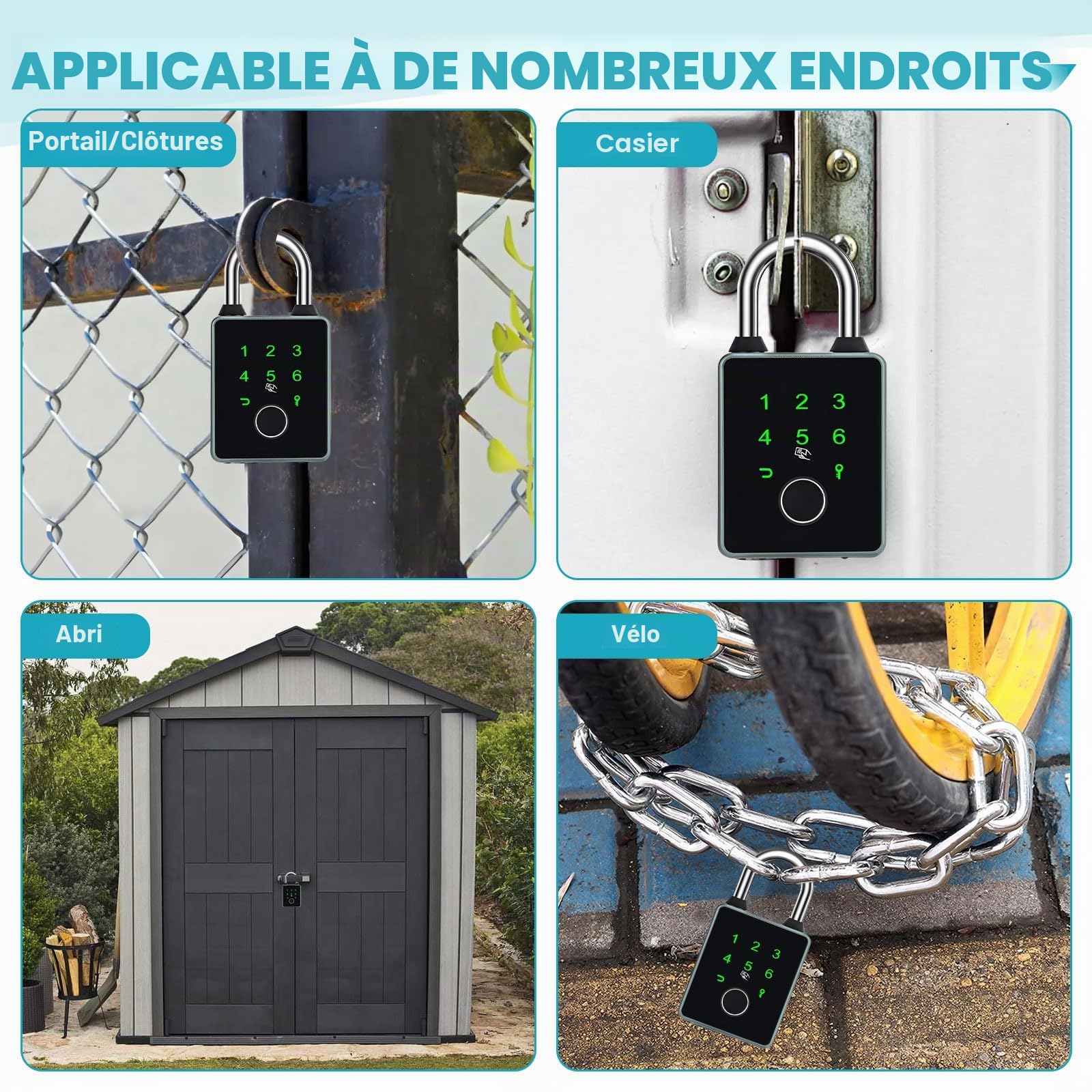 Cadenas intelligent avec 5 façons de déverrouiller, étanche