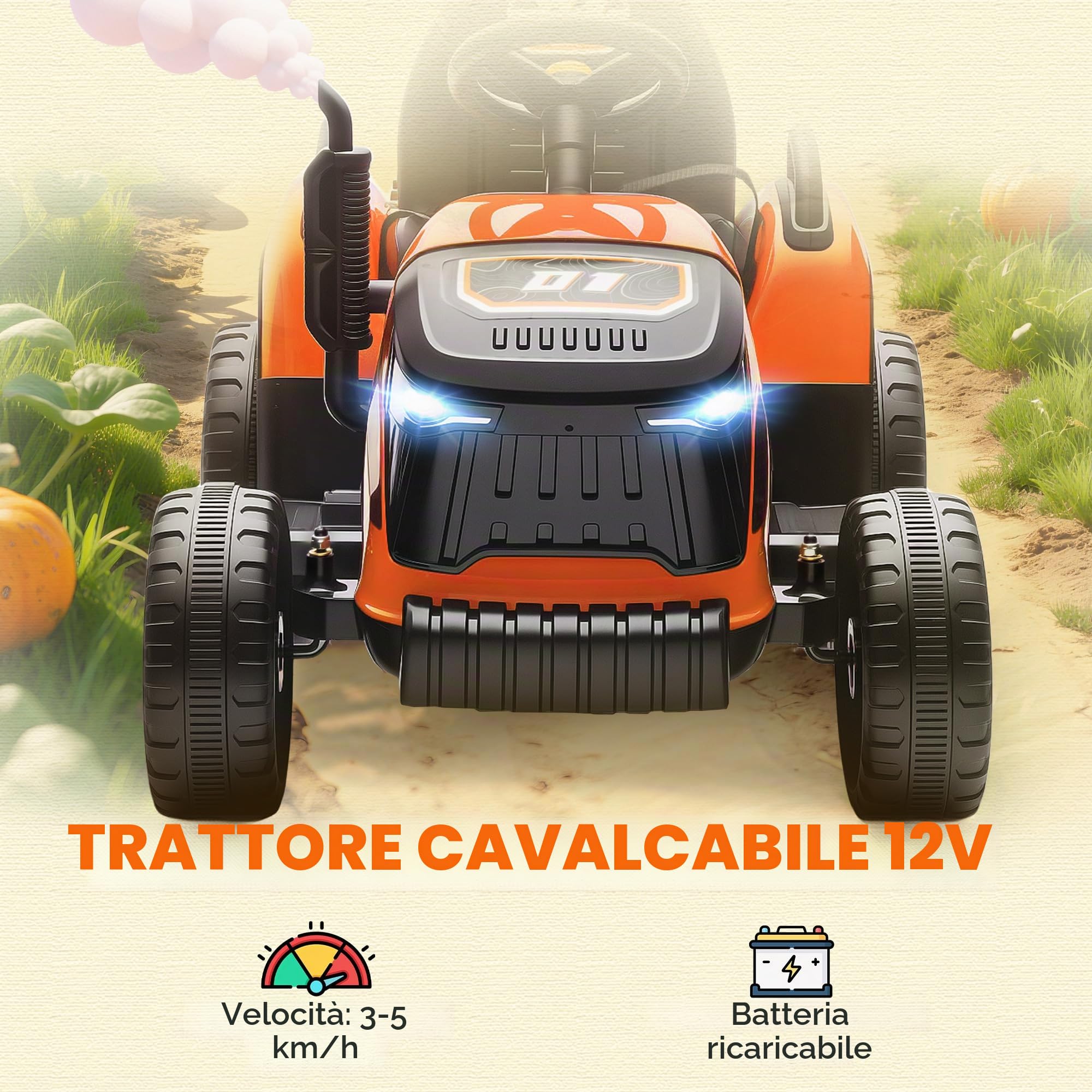 AIYAPLAY Trattore Elettrico Bambini Rimorchio 2 Motori 3-5 km/h Arancione | Trattore elettrico con telecomando, 3 velocità, musica, clacson, avvio morbido, suono avviamento, età 3-8.