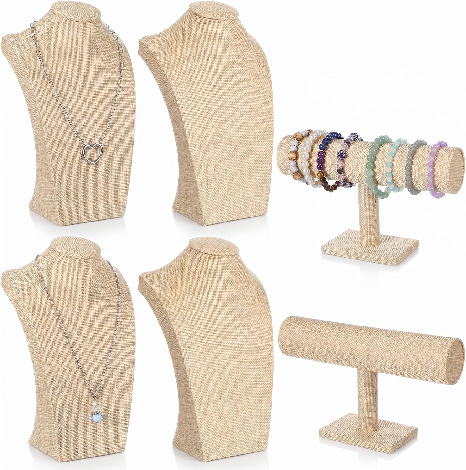 6 Pcs Beige Jewelry Display Set, Necklace and Bracelet Display Stand Set