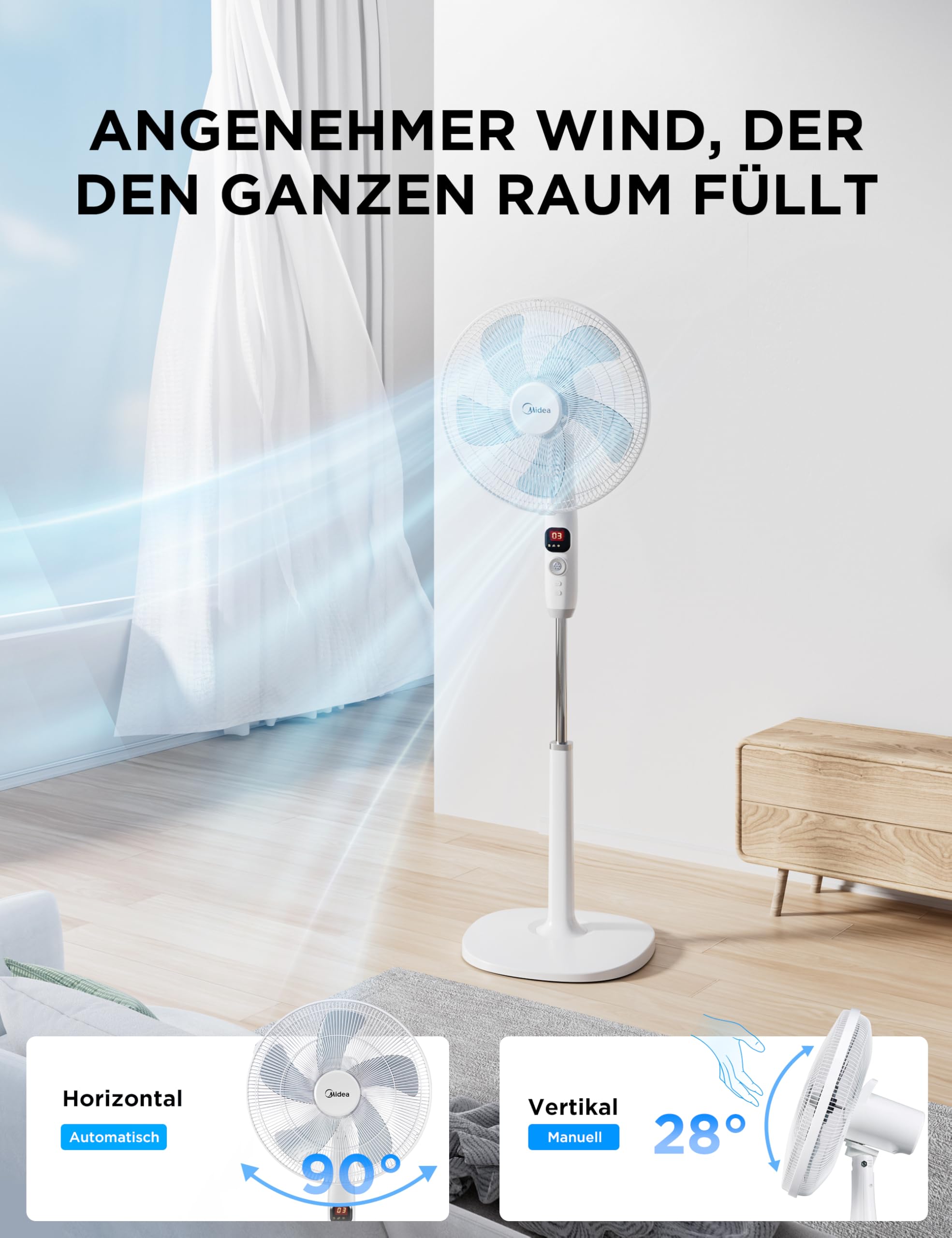 Midea FS40-16CR DC wentylator stojący, cichy, z pilotem zdalnego sterowania, 12 prędkości, timer 12 h, 4 tryby, wskaźnik LED, energooszczędny, 27 dB, regulacja wysokości, cyrkulacja powietrza, biały