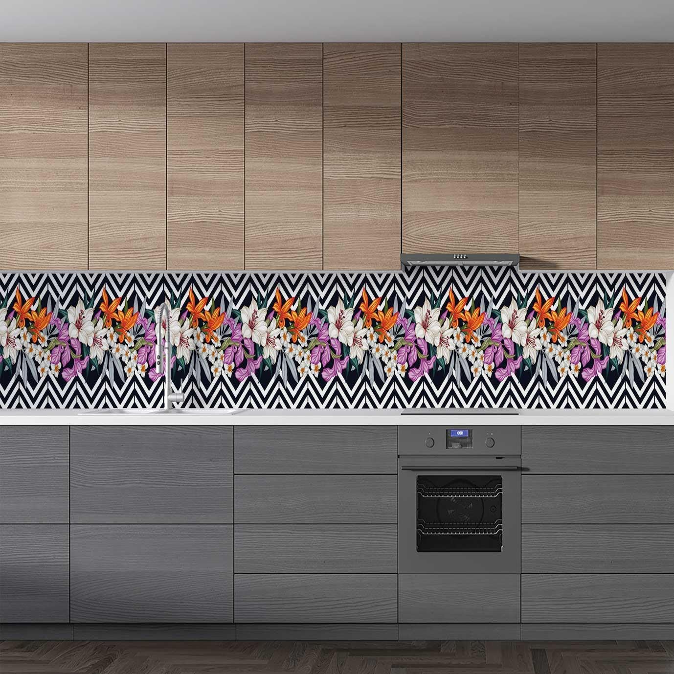 Mutfak Tezgah Arası Folyo Fayans Kaplama Folyosu Çizim Çiçekler 60x200 CM