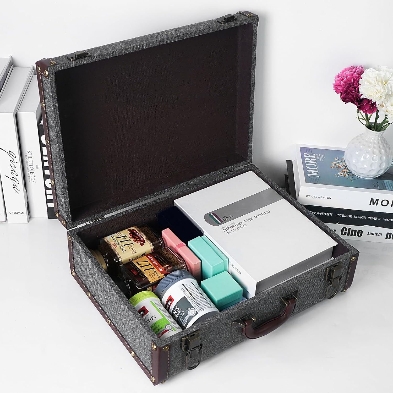 DreamsEden Wooden Decorative Storage Box with Handle, Rustic Decoration Wood Suitcase Treasure Chest Trunk Keepsake Case