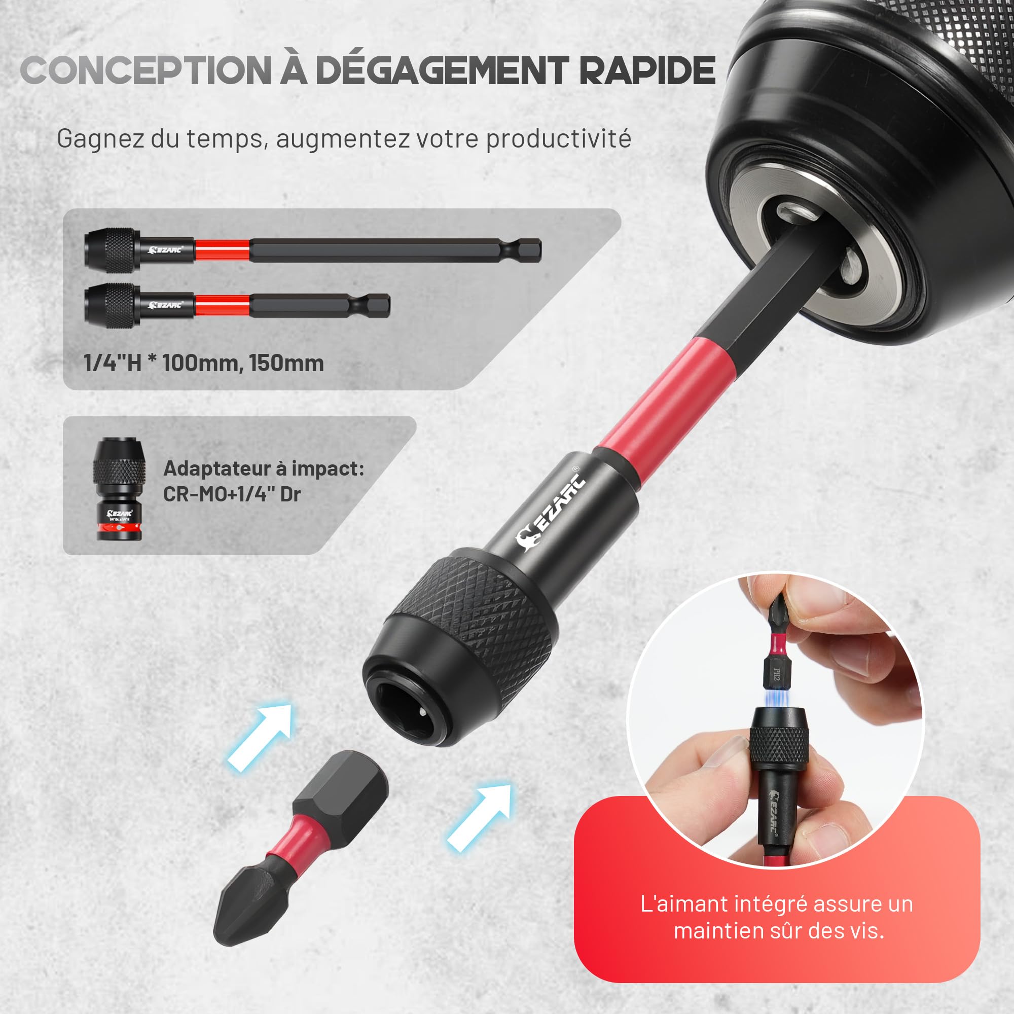 EZARC Ensemble de 14 pièces d'adaptateurs de douille, adaptateurs pour visseuse à choc 1/4", 3/8", 1/2", prolongation à déverrouillage rapide, support à aimant pour embouts et visseuse d'angle à 105°