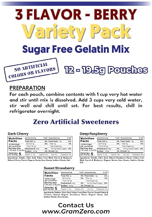 GramZero Berry Variety (Raspberry, Strawberry, Cherry) Sugar Free Gelatin Mix 12-Pack, Zero Carb Dessert, Stevia Sweetened