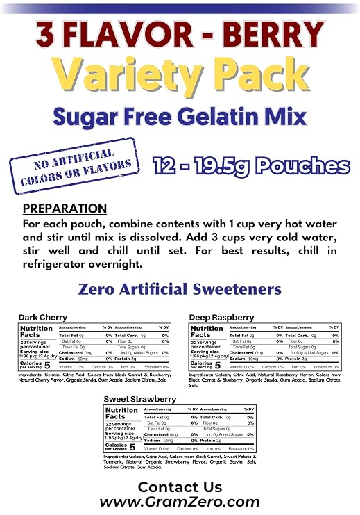 GramZero Berry Variety (Raspberry, Strawberry, Cherry) Sugar Free Gelatin Mix 12-Pack, Zero Carb Dessert, Stevia Sweetened