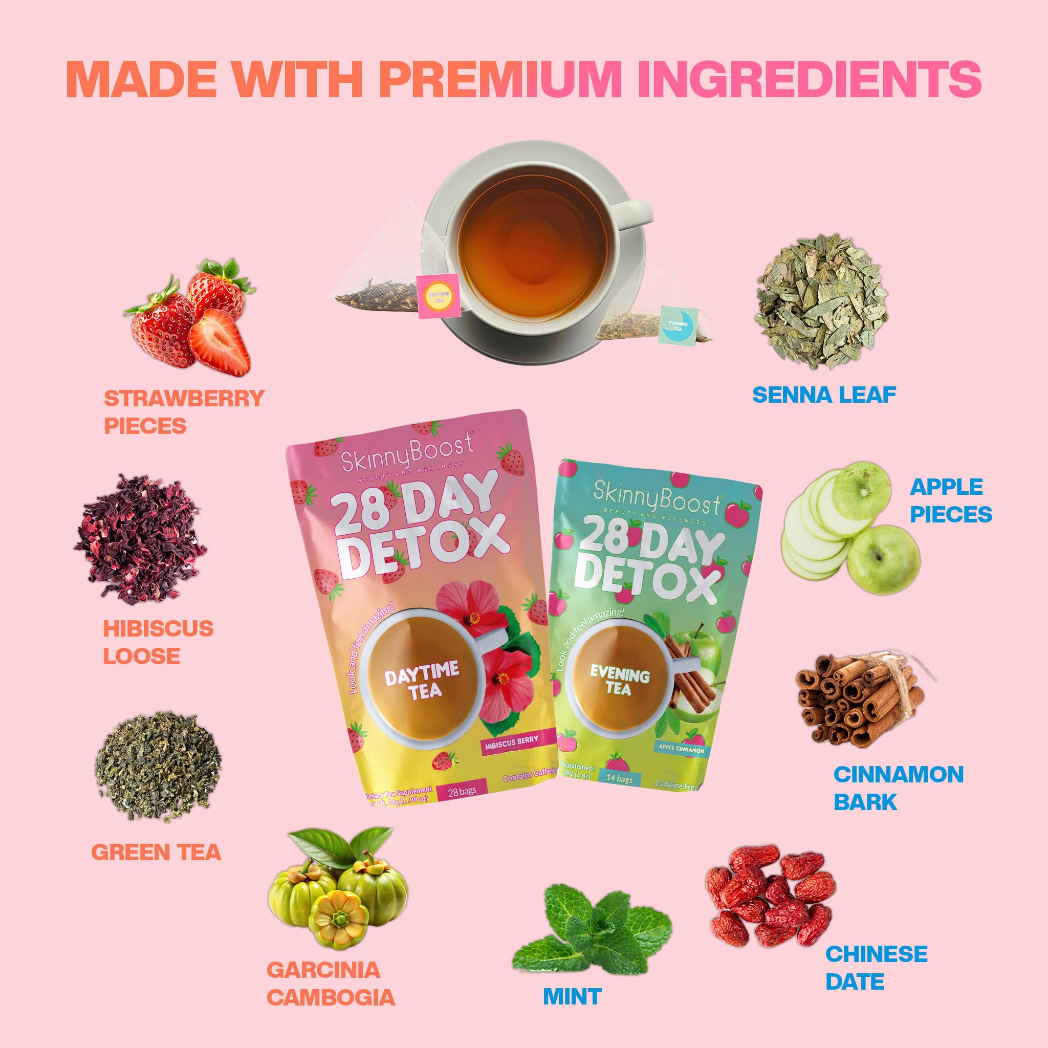 Skinny Boost Detox Tea Kit Slimming Tea for Weight, Metabolism, Energy, Bloating & Colon Cleanse – Green Tea, Herbal, Vegan, Keto, Non-GMO, Sugar-Free-2 PACK –1 Daytime Hibiscus (28 Bags) + 1 Evening Apple -(14 Bags) — Amazon image 4