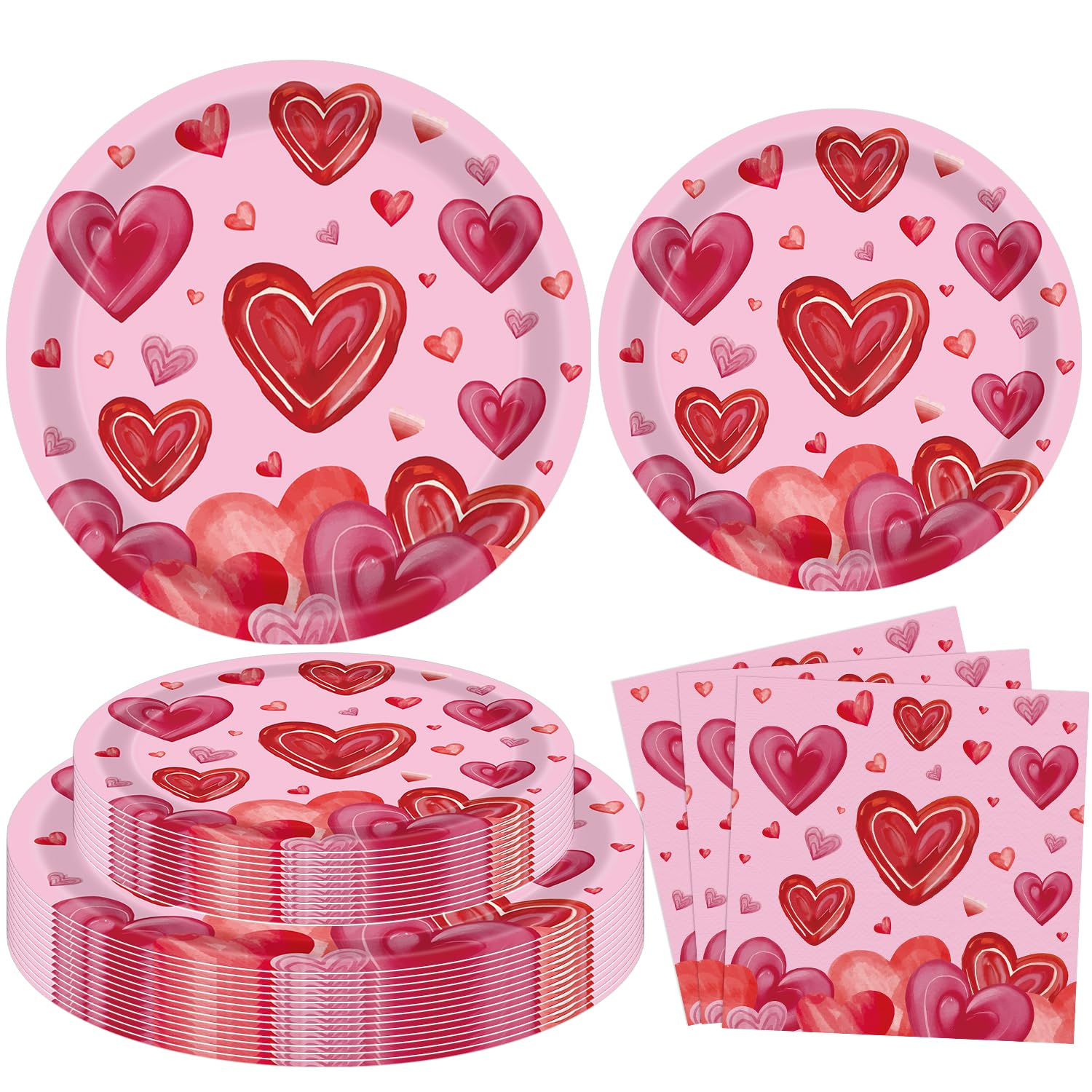 LWYGEGJO 60Pcs Mother's Day Heart Party Plates Valentine’s Day Party Tableware Decoration Watercolor Love Red Heart Paper Plates Napkins for Valentines Day Birthday Wedding Serves 20