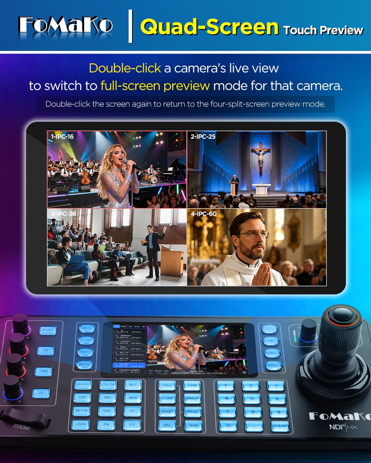 FoMaKo NDI PTZ Camera Controller KC608N–Touchscreen capacitivo da 5,5", Anteprima 4K, Joystick 4D Hall, PoE, Supporto VISCA/Pelco/NDI HX – per Chiesa, Culto, Istruzione, Conferenza ed Eventi dal Vivo