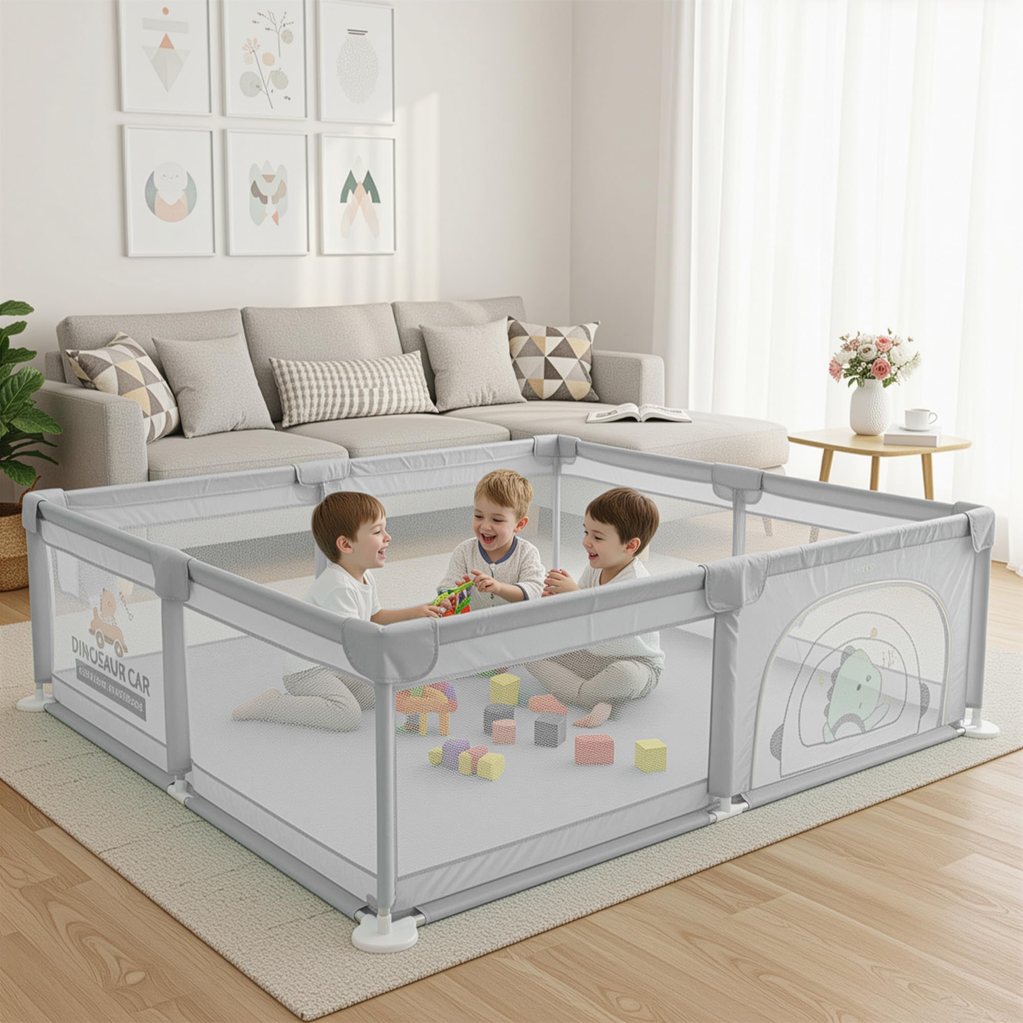 Baybee 200 x 180 Cm JoyHub Kids Playpen for Babies | Baby Play Area Indoor Setup with Zipper Door & Toys Pouch | Kids Activity Floor Mat Playards with Corner Protection | Outdoor play pen for baby for 0 - 5 years Boys Girls (Light Grey)-image-8