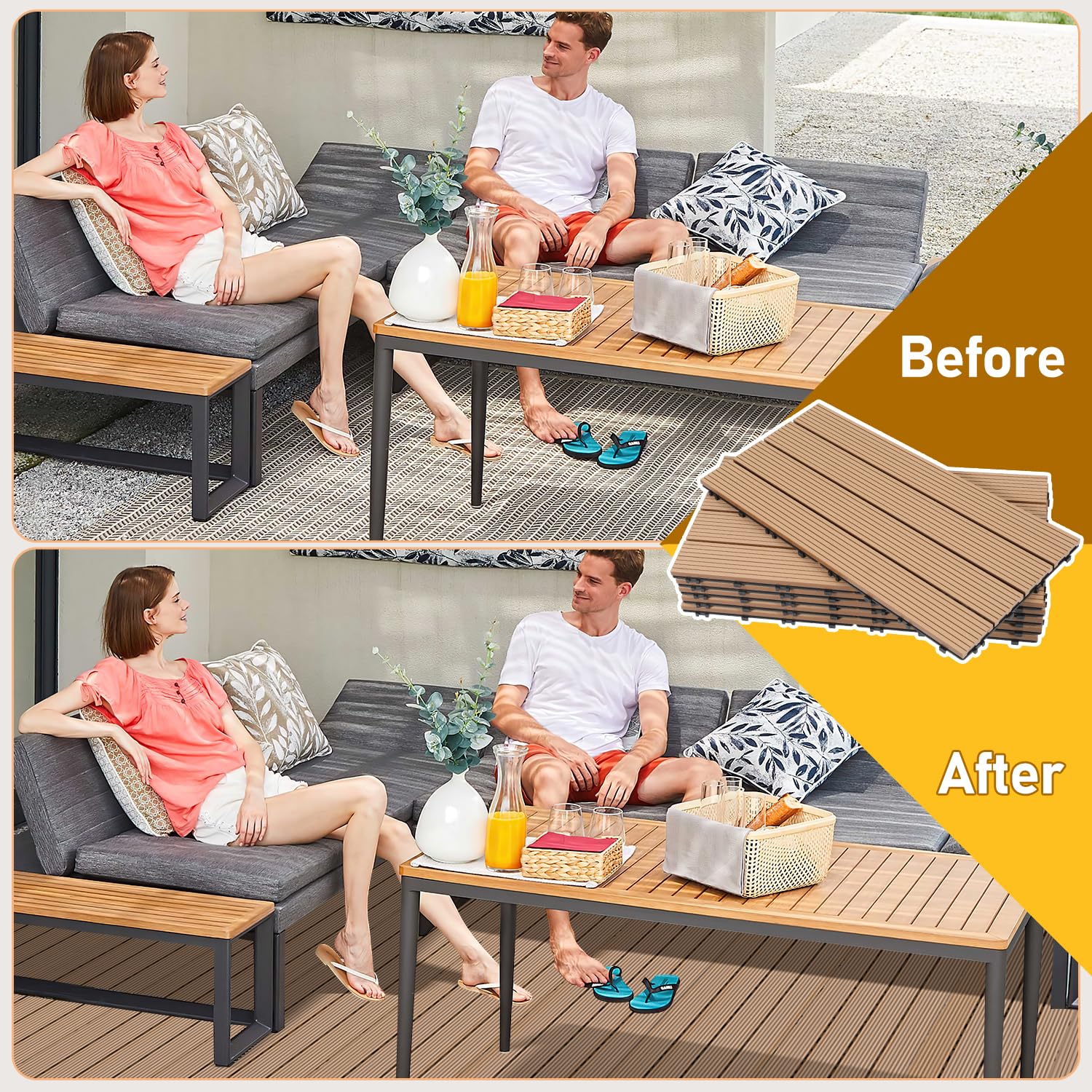 Randaco Lot de 12 dalles de balcon en WPC - 30 x 60 cm - Aspect bois - Pour 2 m² - Résistant aux intempéries - Avec fonction de drainage - Antidérapant - Facile à poser - Teck