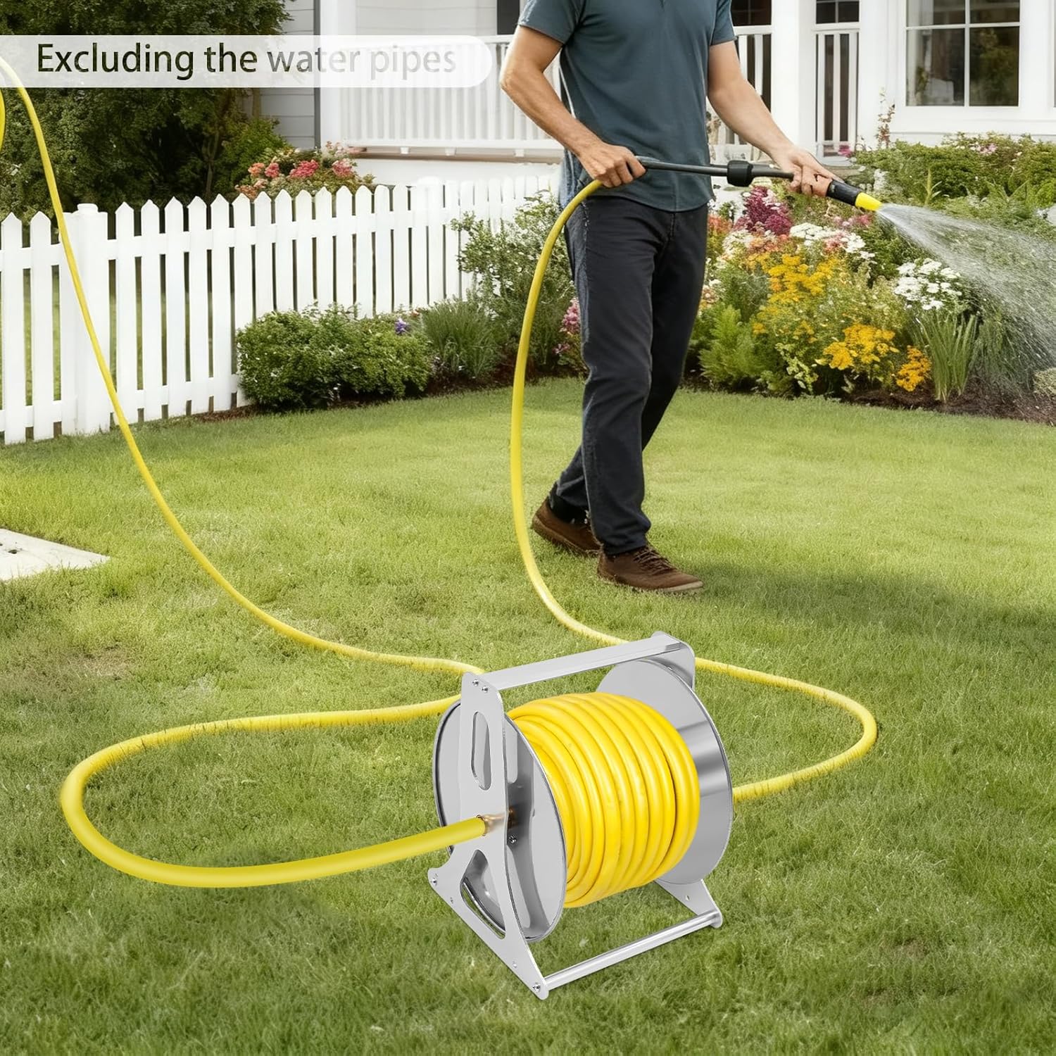 Stainless Steel Garden Hose Reel, Portable Outdoor Metal Wall Mount/Floor Spool, Wall/Floor Mounted Metal Spool with 1/2 in of Round Water Pipe Within 50m/164.04ft for Outside, Yard, Patio
