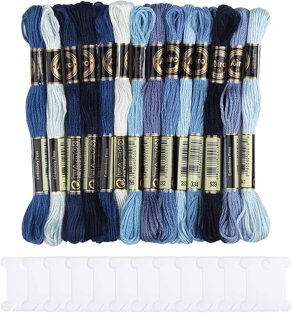 VEYLIN Embroidery Thread Pack, 14 Cross Stitch Floss Friendship Bracelet Threads with Floss Bobbins (Multi Blue)