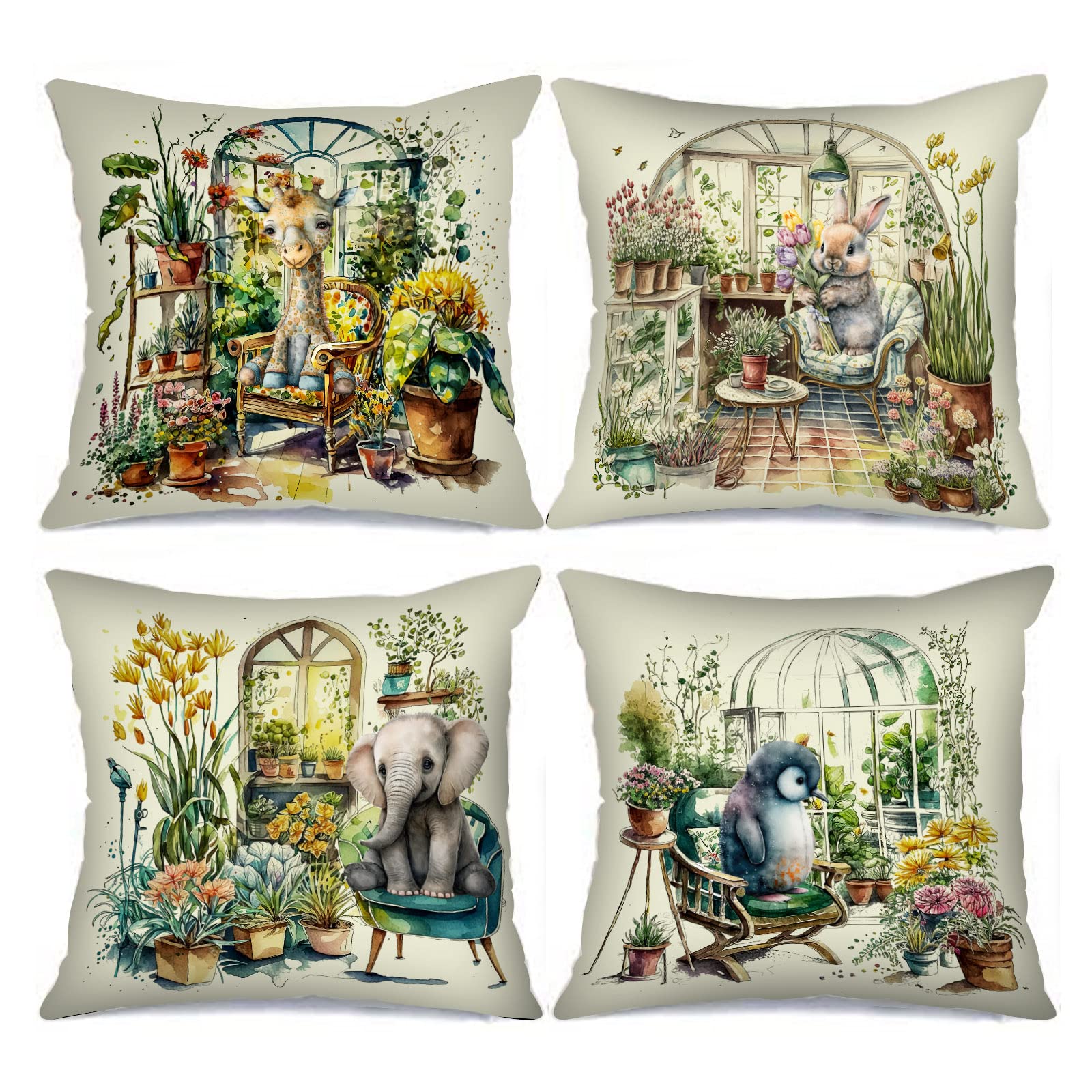 Tucocoo Floral Greenhouse Pillow Covers Decorative 18x18 inch Set of 4 Watercolor Flowers Garden Pillowcases Cute Animals Cushion Case Outdoor Decorations Pillow Covers for Couch Sofa Car Bed Gifts