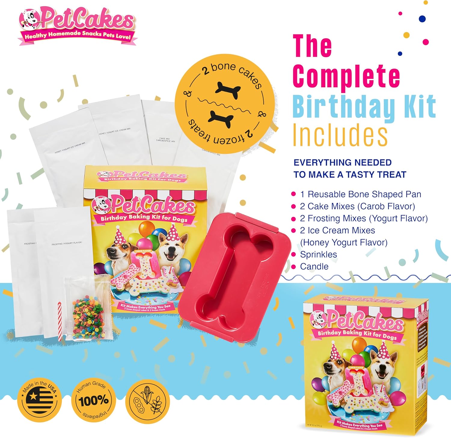 PetCakes Birthday Baking Kit for Dogs - Makes 2 Frosted Bone Shaped Cakes & 2 Ice Cream Treats - Includes 2 Healthy Cake Mixes, 2 Frosting Mixes, 2 Ice Cream Mixes, Sprinkles & Candle - Net Wt 10.5oz