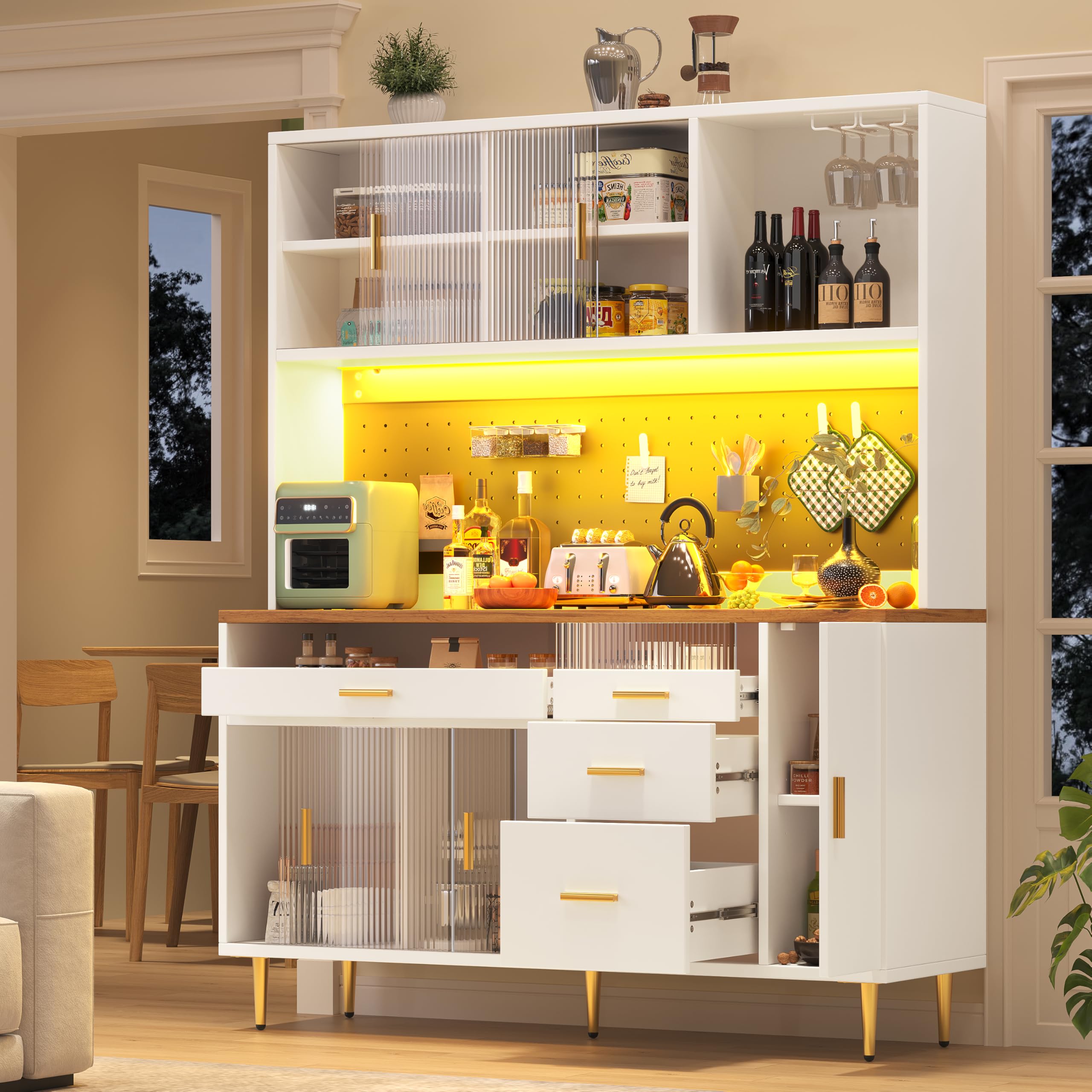 Armadio da cucina, vetrina, con illuminazione a LED, armadio alto con mensole forate, armadio da bar con porta bicchieri di vino e spazio di archiviazione, per cucina e sala da pranzo (bianco