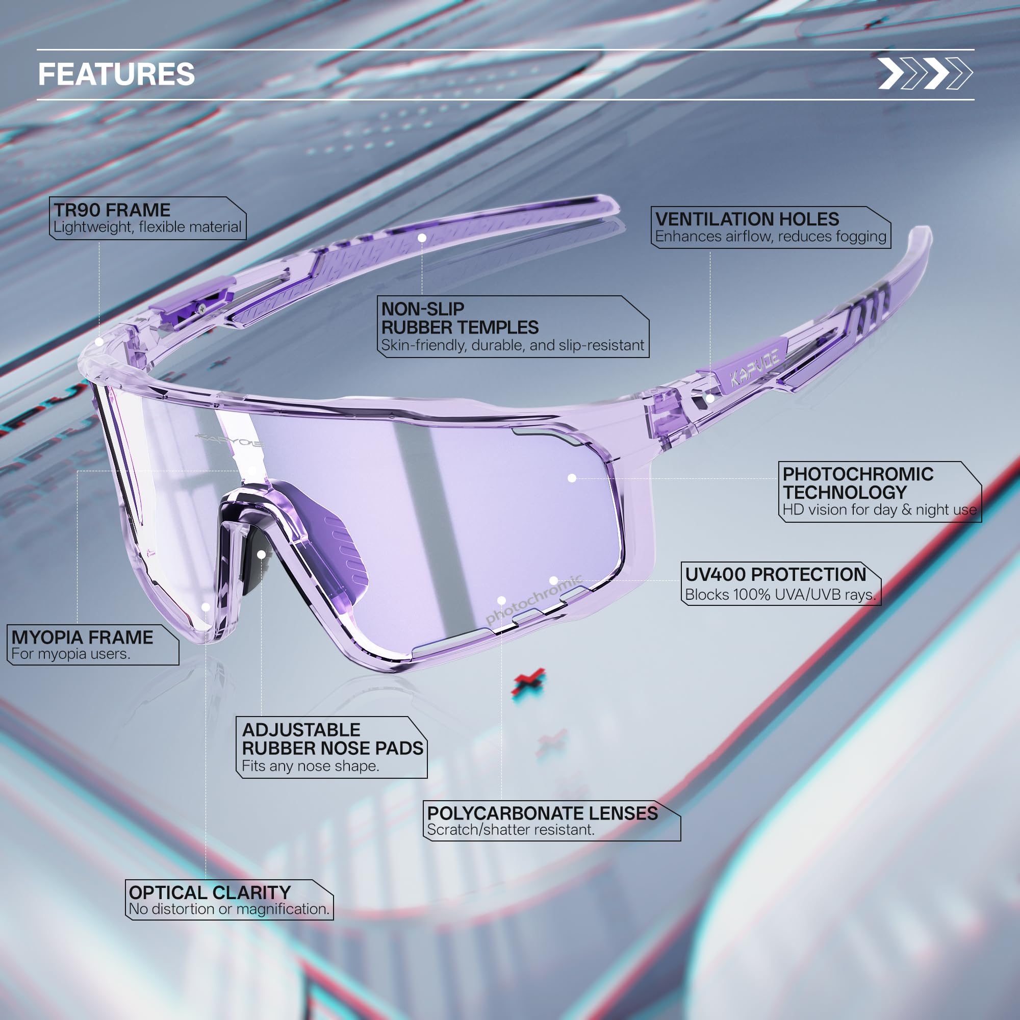 KAPVOE Gafas de Ciclismo Hombre Mujer K76 | Montura TR90, almohadilla nasal ajustable para ciclismo.