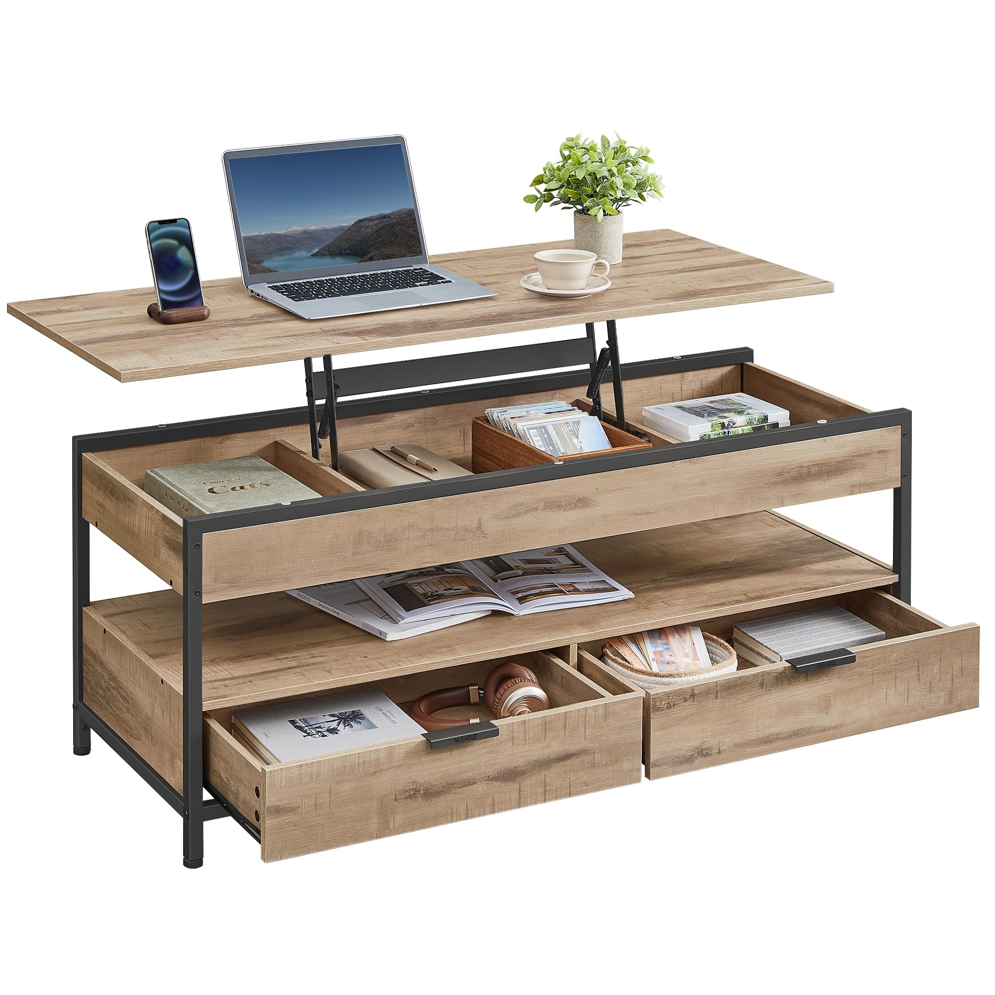 VASAGLE LCT252K02 Lift-Top Coffee Table in a living room setting with a laptop and books on top.