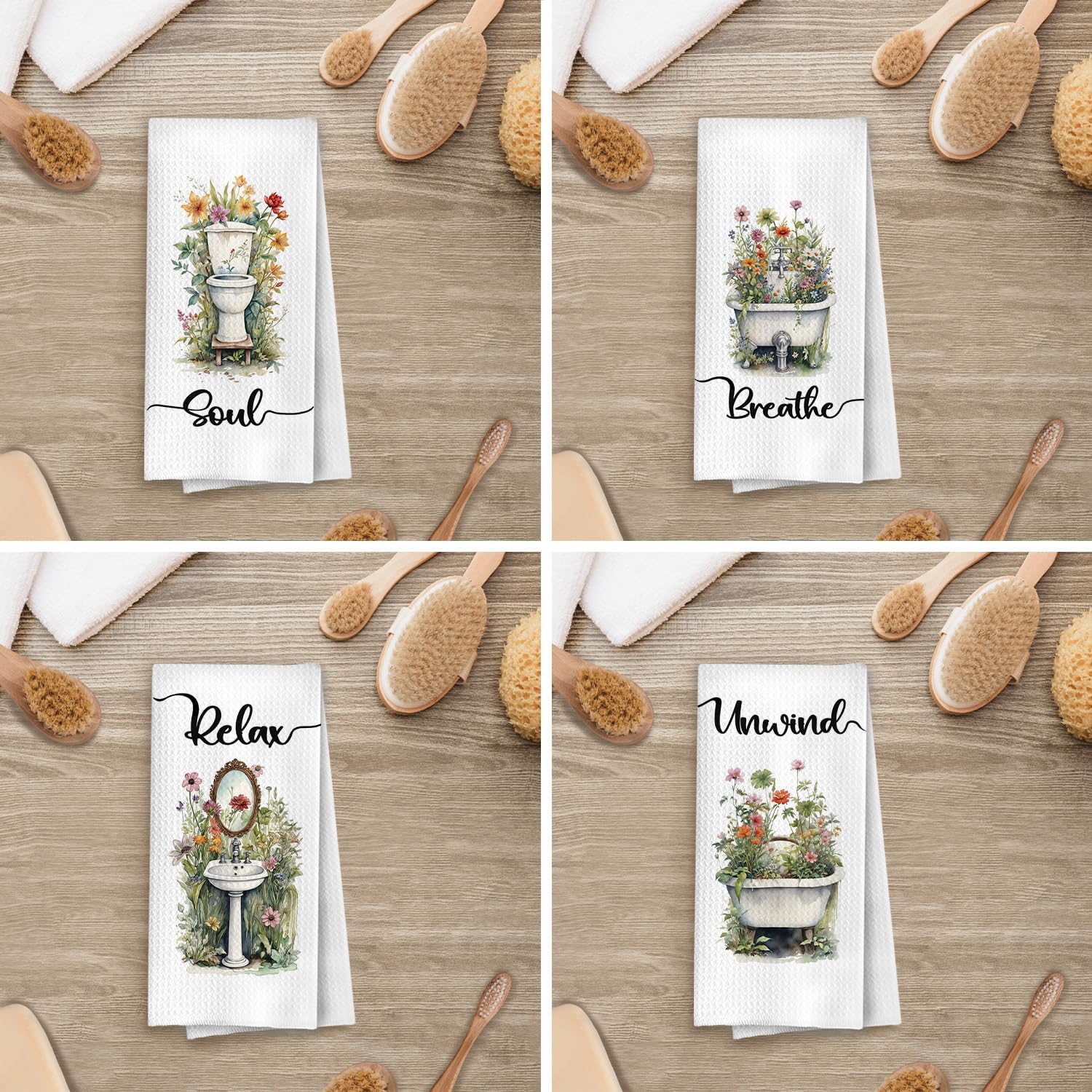 Farmhouse Floral Bathroom Hand Towels Set, Rustic Cottagecore Floral Botanical Soul Breath Relax Unwind Waffle Decorative Hand Towels for Bathroom, 16x24 Inches Set of 4 - Image 2