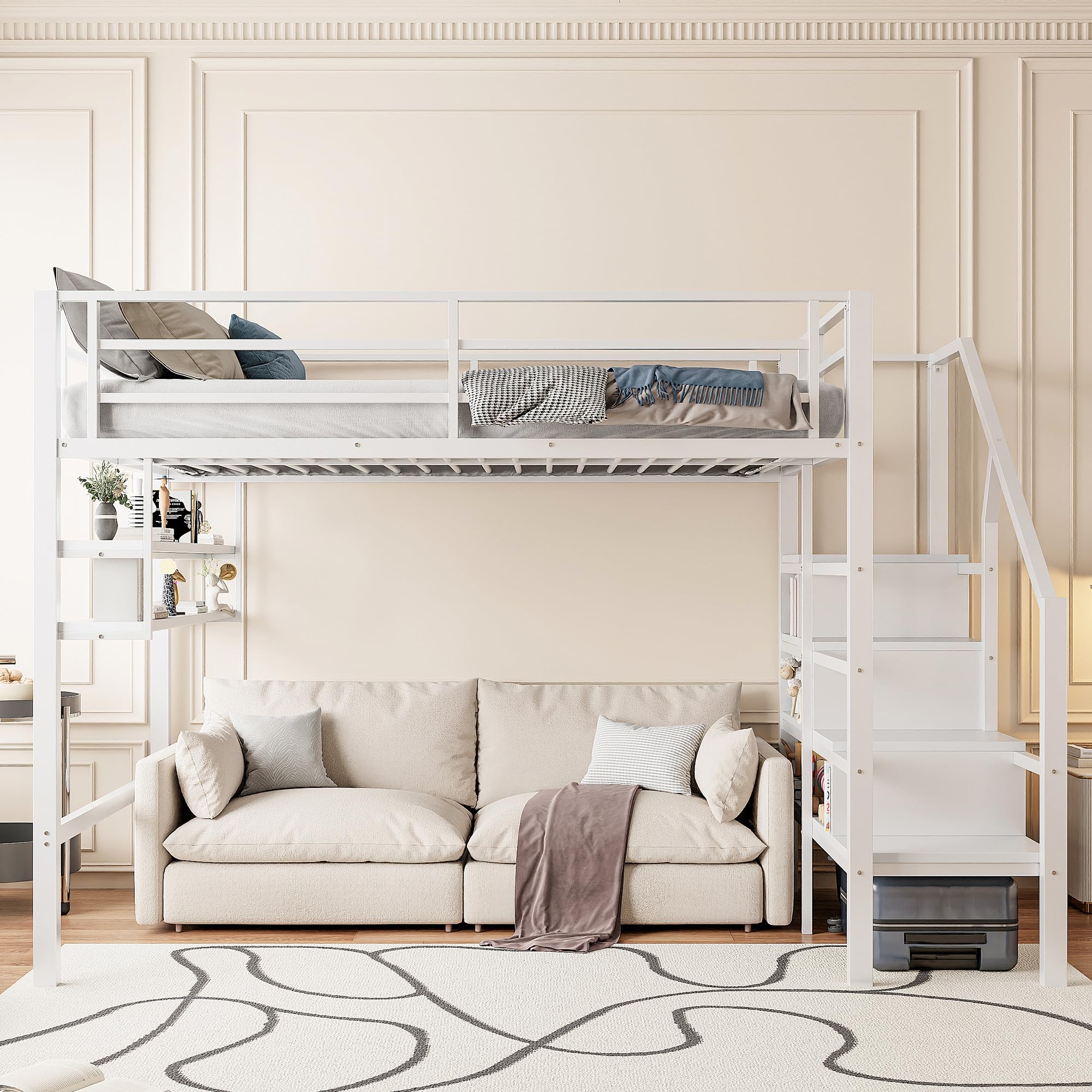 Letto per bambini a soppalco 140 x 200 cm, letto in metallo/ferro con protezione anticaduta e rete a doghe, scala di sicurezza con ripiano, letto a castello letto per ragazzi letto funzionale con