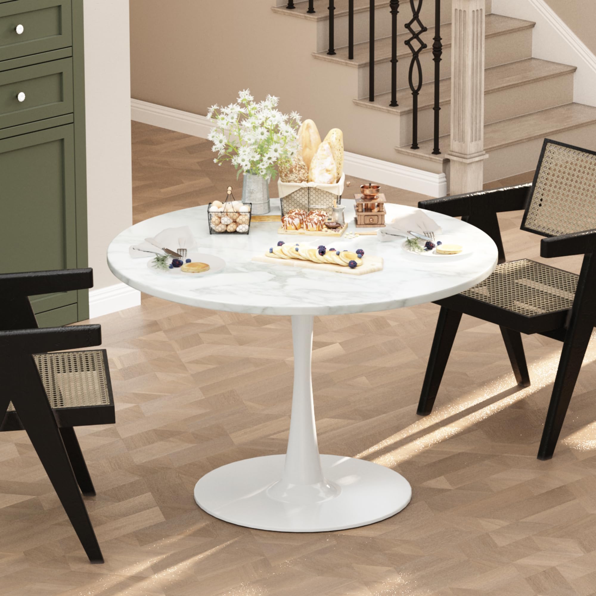 LTTROMAT 32 Inch Round White Marble Tulip Dining Table W/0.71" Thickness & Metal Pedestal Base for 2 to 4 People, Modern Kitchen Leisure Circle Coffee Table