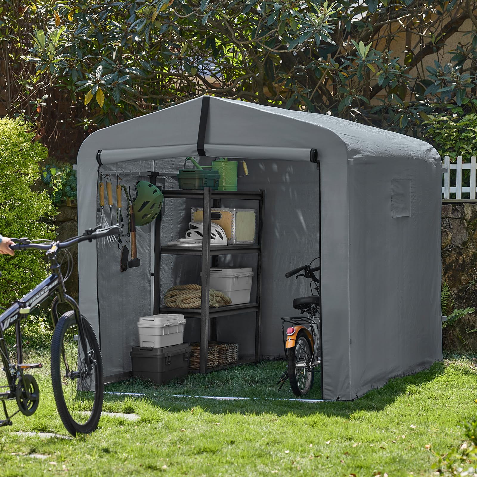 SoBuy Abri de Jardin, Cabane de Jardin Exterieur Imperméable, abri Moto avec des Crochets, Garage pour Vélo et Outils, Abri Vélo, Rangement et Stockage, Gris, 159x219x165 cm, KLS11-L-DG