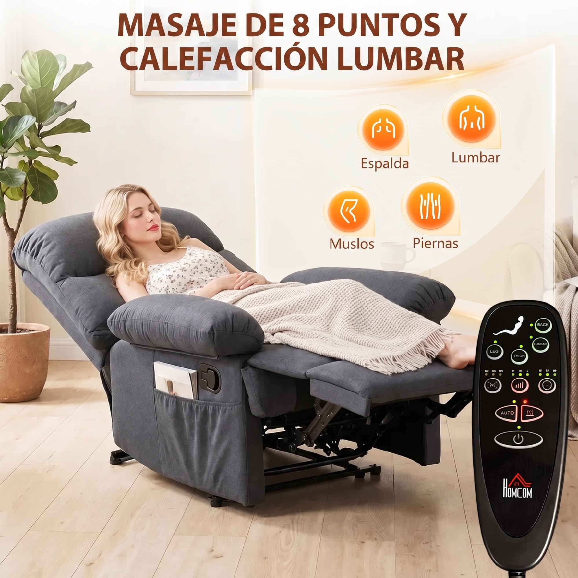 HOMCOM Sillón de Masaje Reclinable 8 Puntos Calefacción Lumbar Gris Oscuro | Sillón Relax, Mando a Distancia, Asiento con Muelles, Bolsillos Laterales, Tejido Efecto Lino