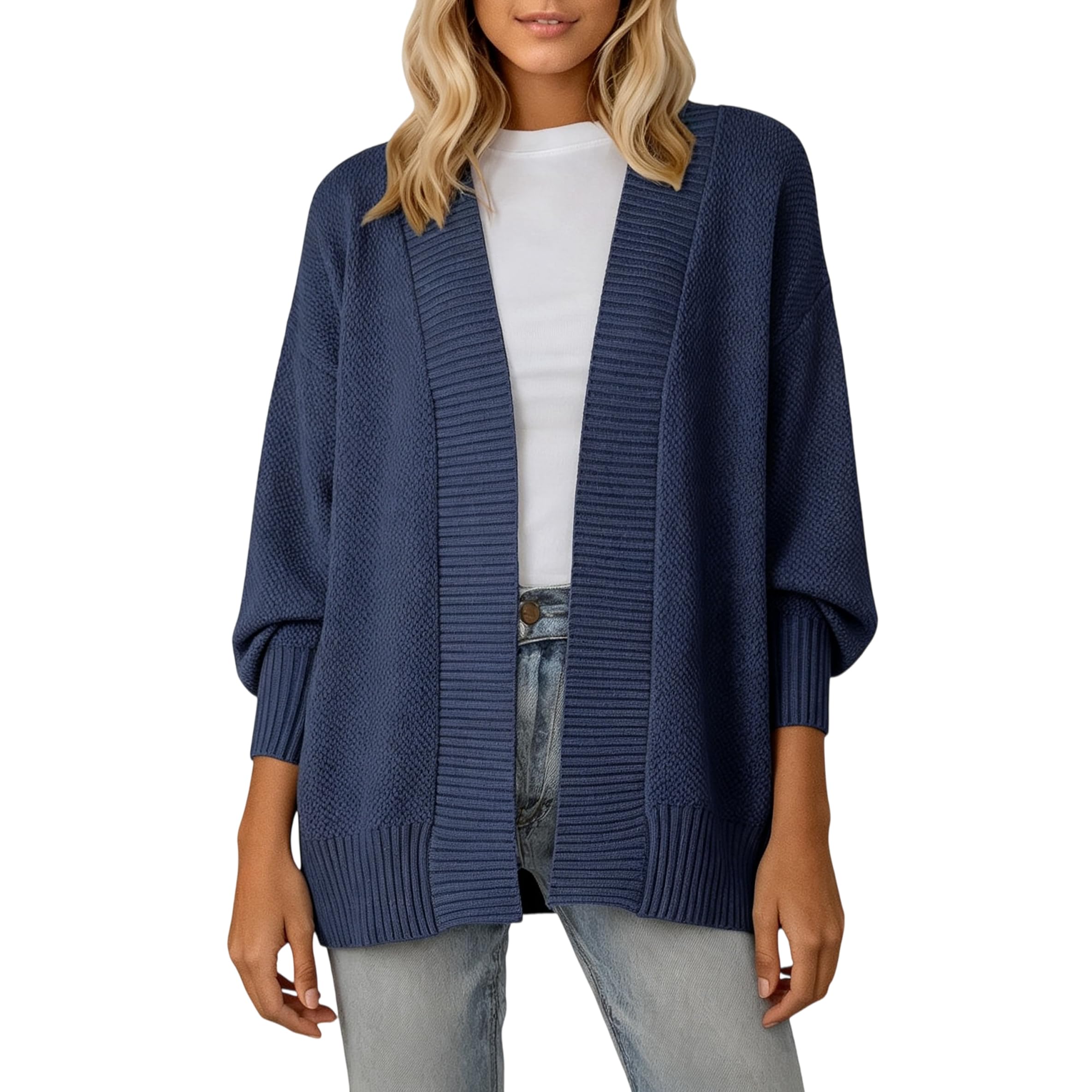 Cárdigan Punto Extragrande Mujer Frente Abierto Manga Larga Manga Abullonada Chaqueta Punto Largo Medio Ribete Acanalado Cárdigan Informal Otoño para Superponer Prendas Prenda Abrigo para Uso Dia