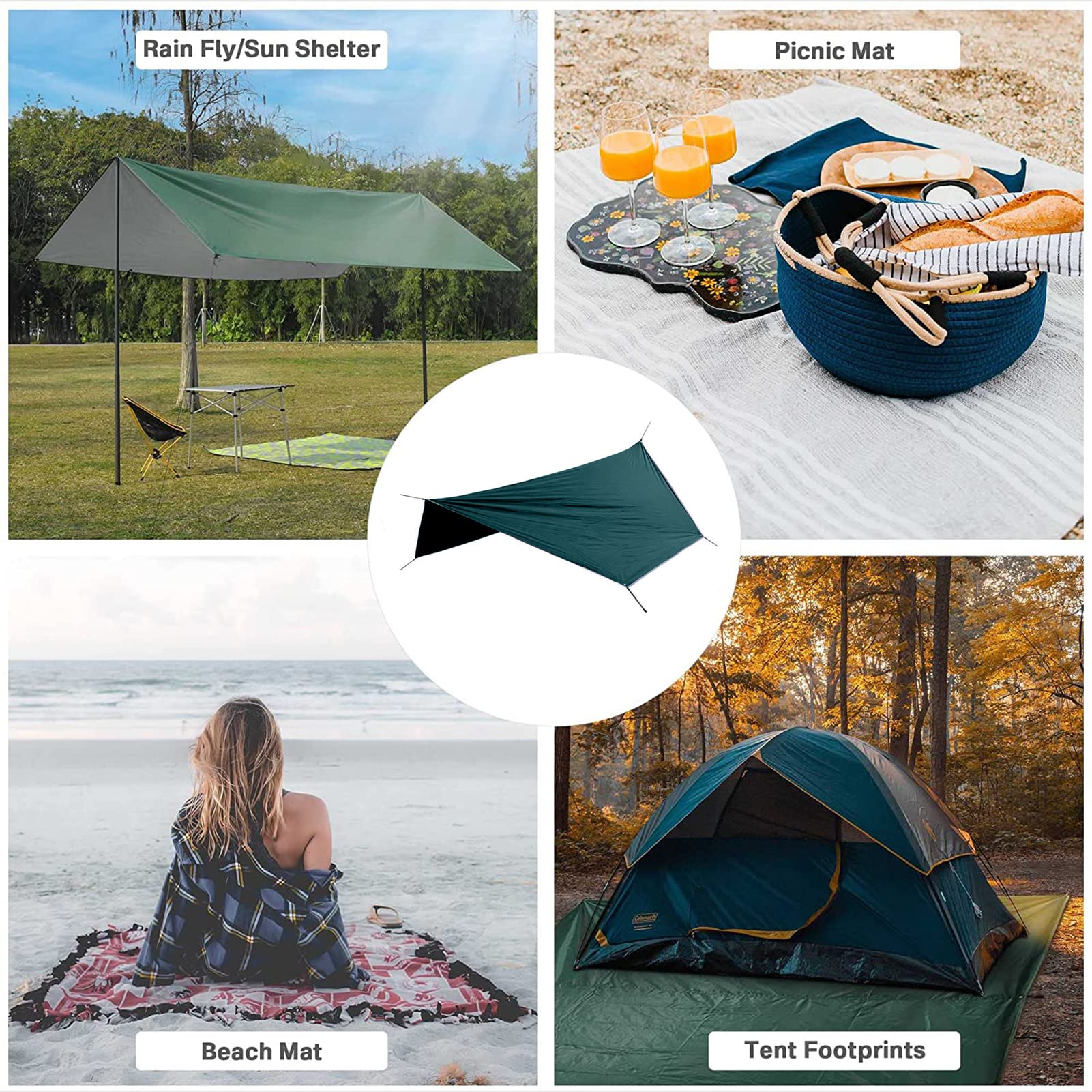 Sechseckig Zeltplanen Camping wasserdichte Tarp Mit Hängematte Sonnensegel Regenfliege Plane, Multifunktionales Anti-UV Leicht Und Kompakt Leicht Tragbar Für Reisen (Green)