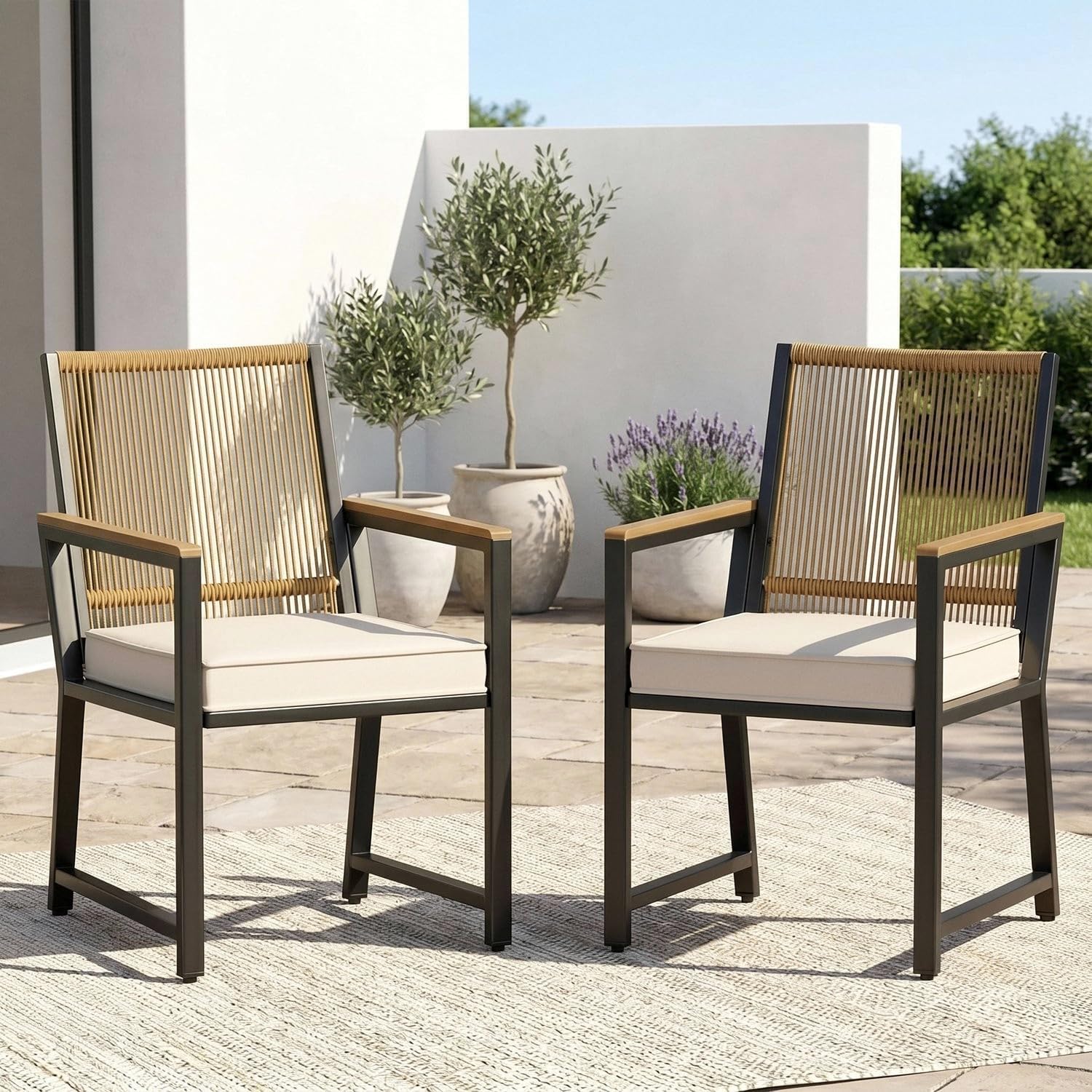 Clevich 2er Set Rattan Gartenstühle, Outdoor Stühle, Beige