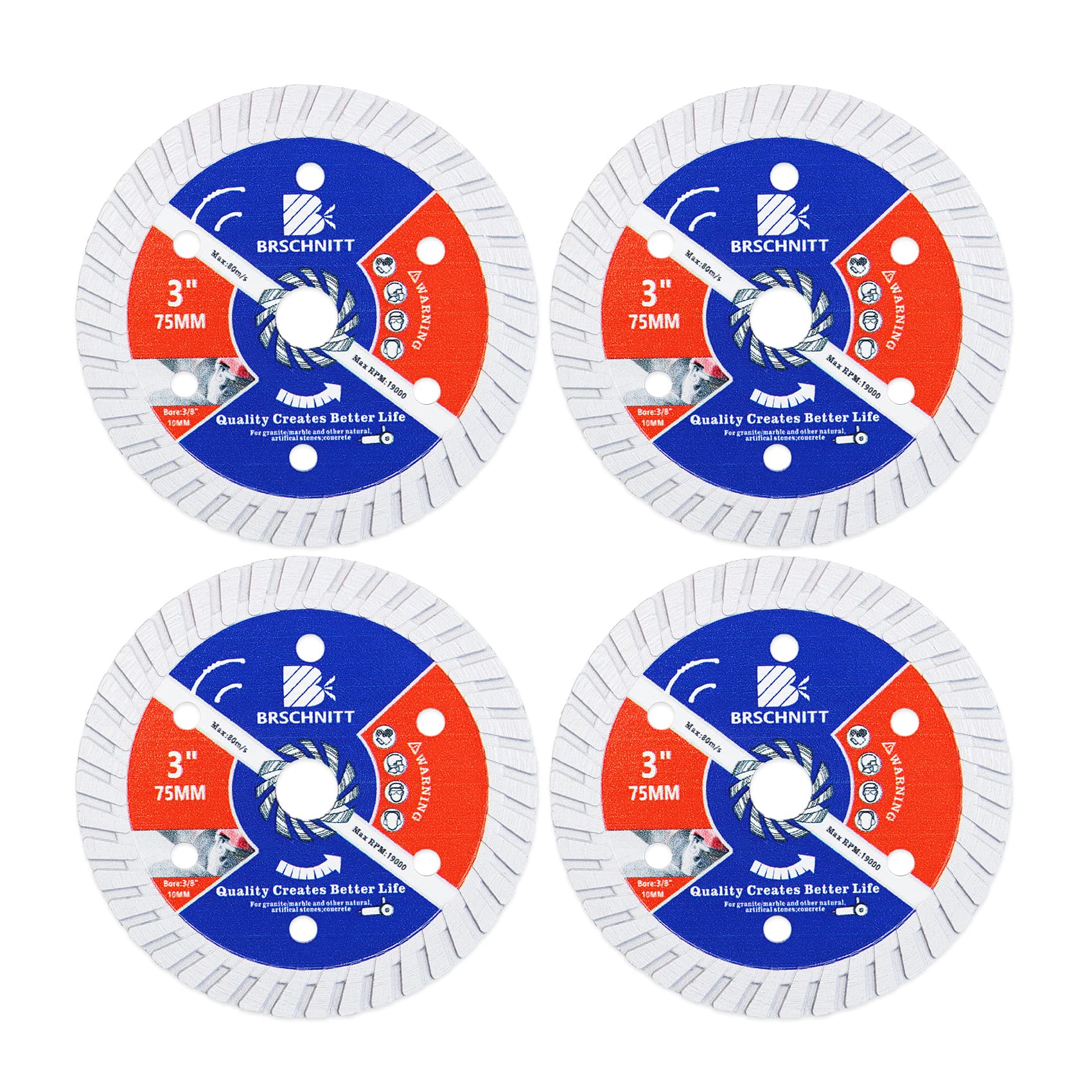 BRSCHNITT Diamond Blade for Concrete Masonry,4pcs 75mm with Arbor 10mm Dry/Wet Continuous Rim Diamond Cutting Disc for Granite Marble Stone Hard Concrete Reinforced Concrete