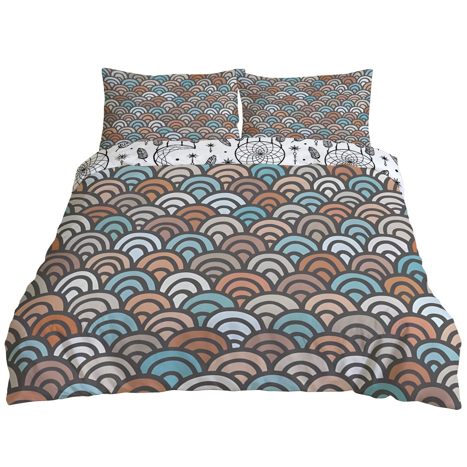 Housse de couette 240x220 cm réversible avec motif échelles de Poisson et ses 2 taies d'oreiller