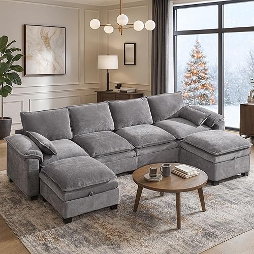 129" U Shaped Cloud Couch Sectional with Ottoman Storage, Chenille Modular Sectional Sofa with Pillow, Modern Deep Seat Cloud Sofa, Sectional Couches for Living Room, Apartment, Light Gray
