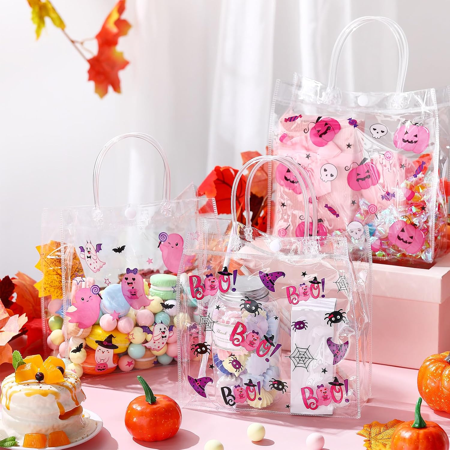 Hosuly 24 Pcs Pink Halloween Bags Reusable PVC Ghost Clear Pumpkin Tote Bag image 4