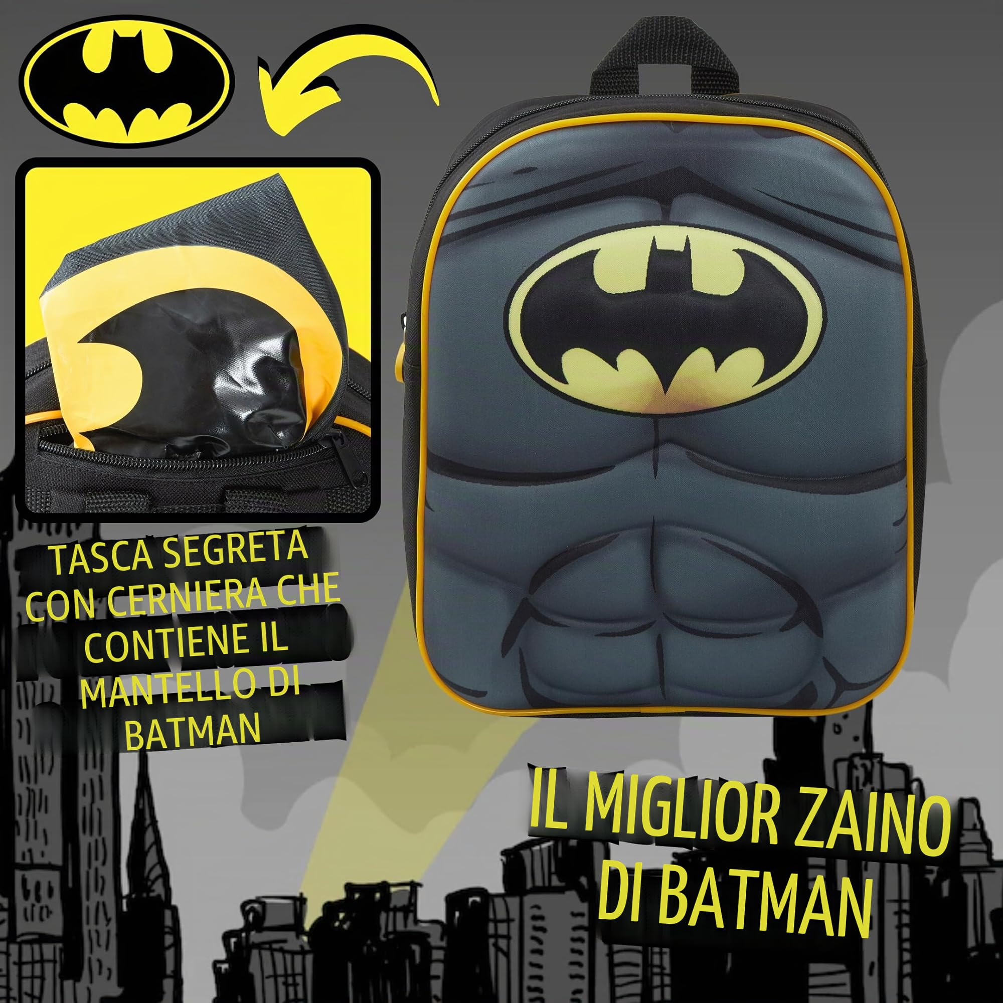 Zaino 3D Batman per ragazzi con mantello pieghevole Bambini DC Comics Novità Costume Zaino