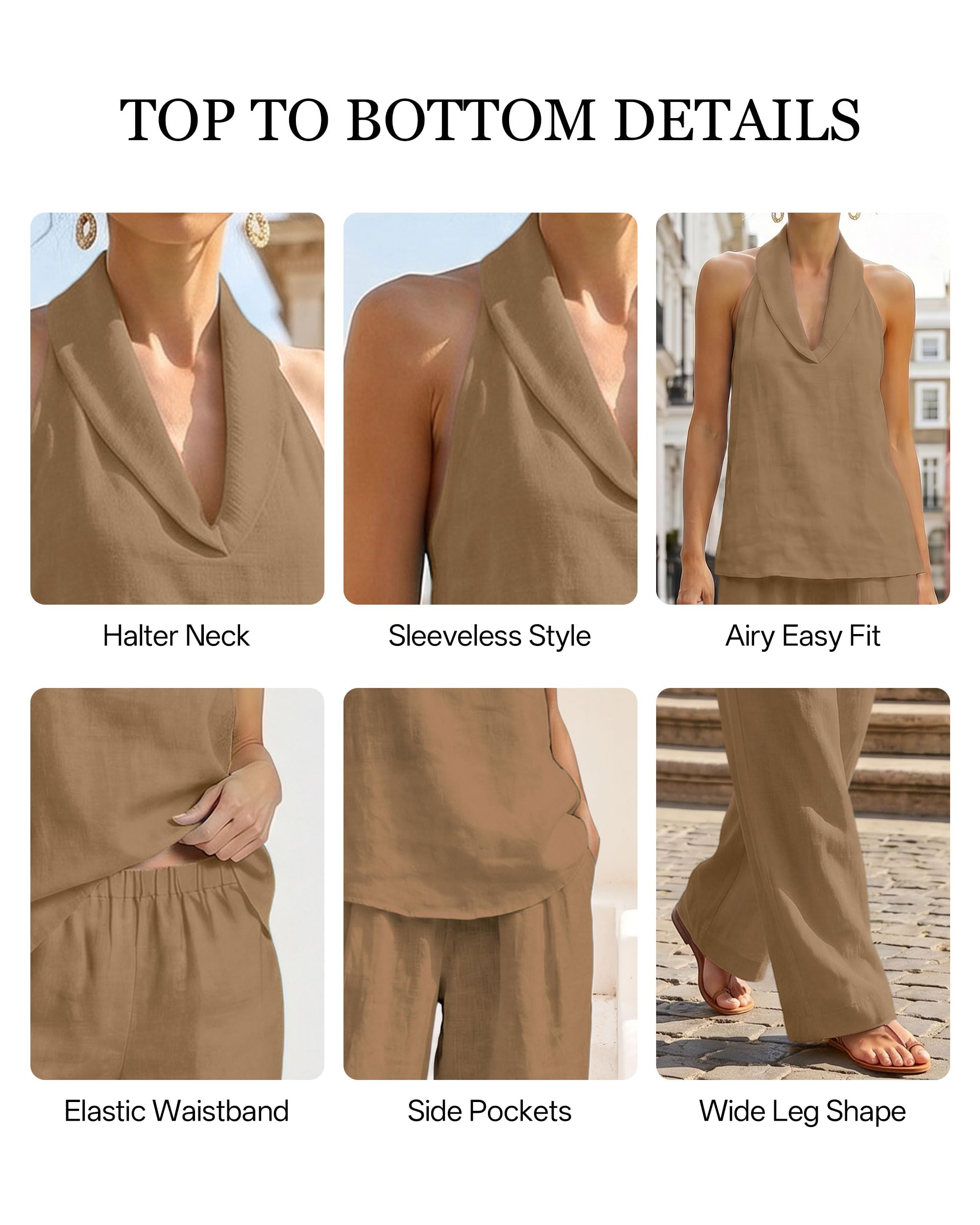 Completo Donna Due Pezzi Outfit Estivo Top Halter Pantaloni a Gamba Larga con Tasche