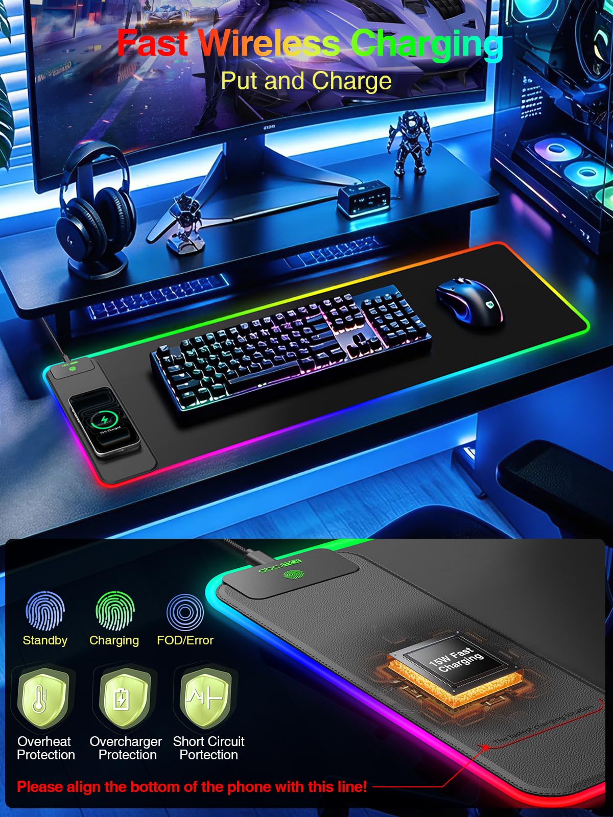 Tappetino per mouse da gioco RGB con ricarica wireless, 800 x 300 grandi, 24 effetti di luce, base antiscivolo, superficie ultra liscia impermeabile