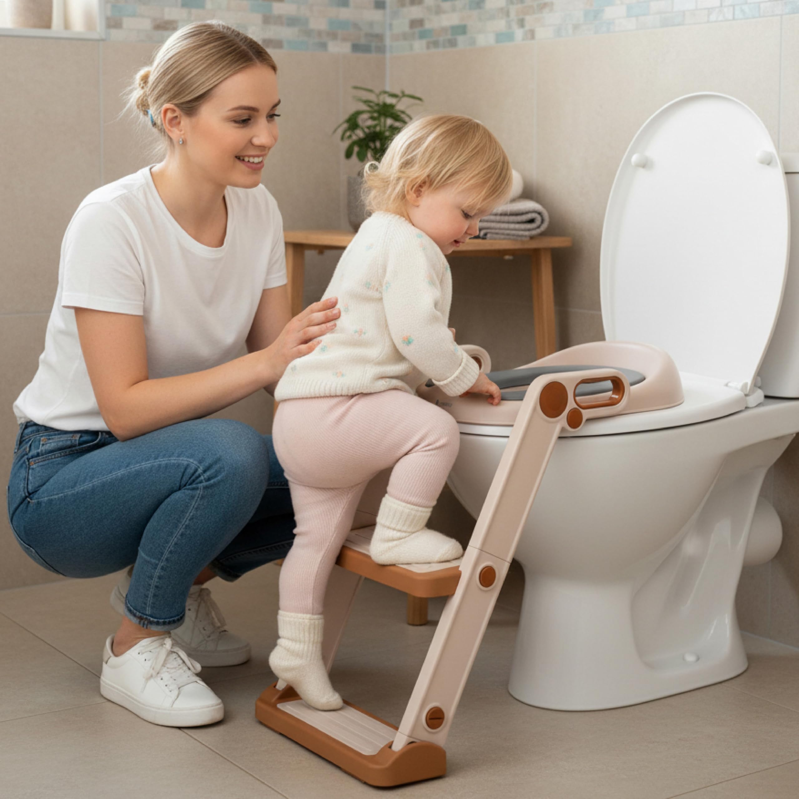 sun baby Nakładka na sedes z drabinką dla dzieci - 18-36 miesięcy, do 15 kg - antypoślizgowa, z uchwytami, 3-stopniowa regulacja (51-58 cm), 2-stopniowa drabinka, deska sedesowa - Biało-Złota