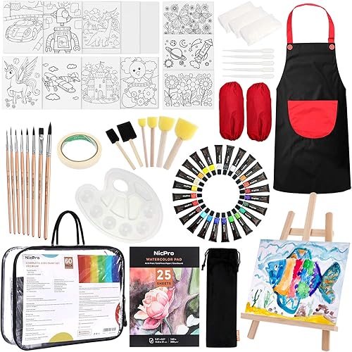 Nicpro 60 PCS Art Paint Set for Kids, Complete Washable Watercolor Painting Supplies Kit for Beginner with 24 Tube Water Color Paint, 8 Brushes,12 Canvas, Smock, 25 Papers, Easel, Sponge, Palette, Bag