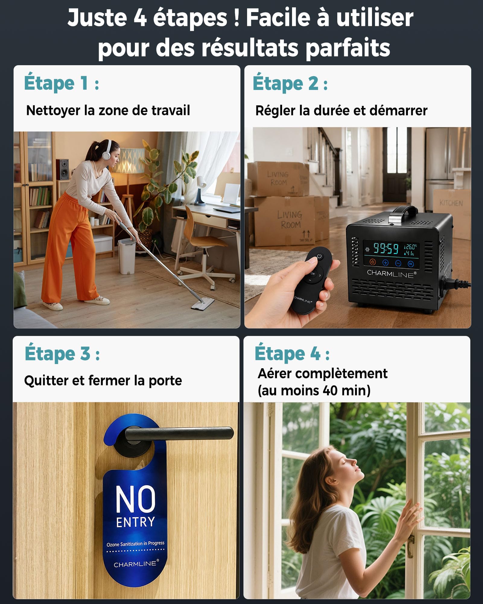 Charmline Générateur d’ozone intelligent avec télécommande, éliminateur d’odeurs pour pièces, voitures, caves et espaces pour animaux, 60.000 mg/h, Noir